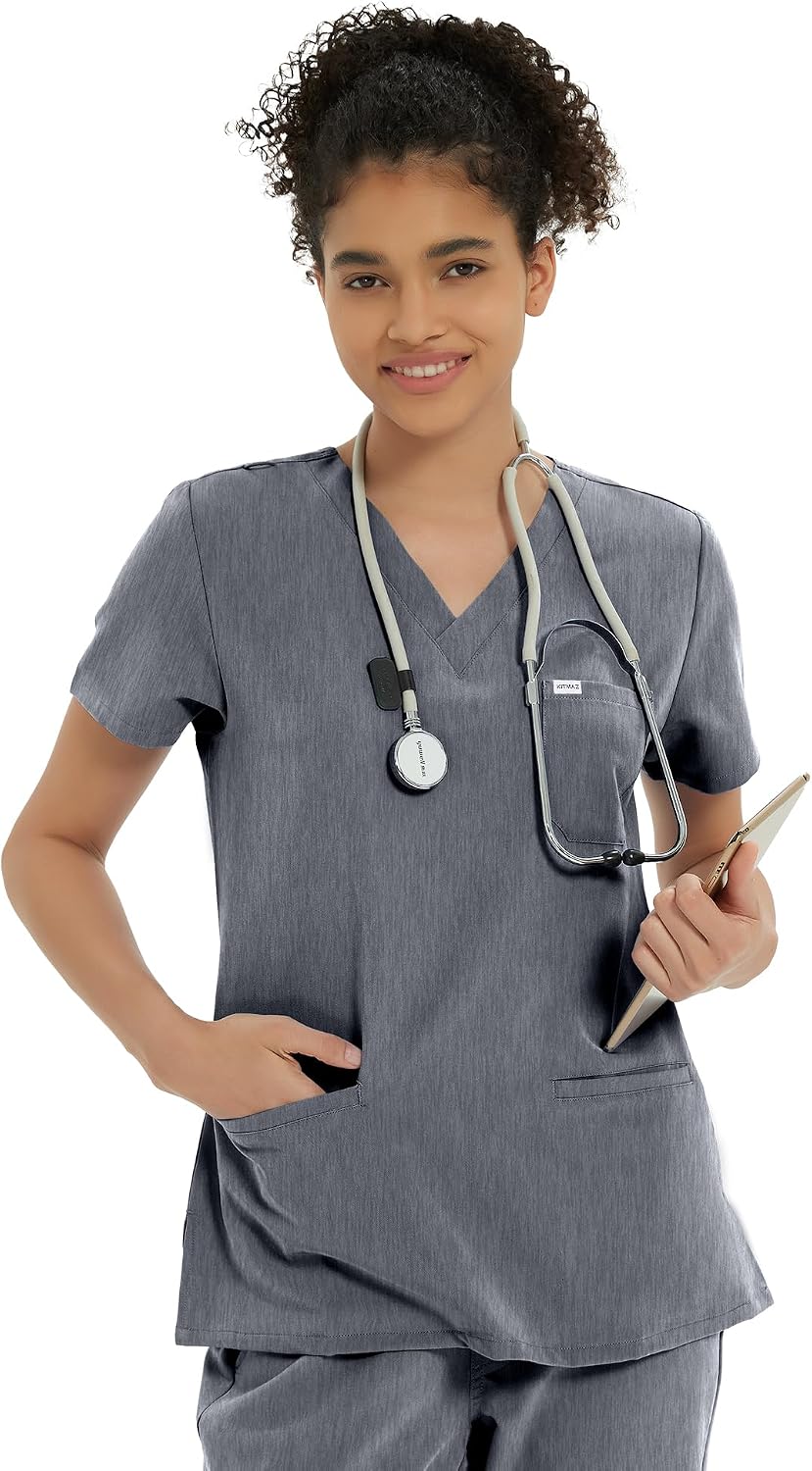 Kitmaz Medical Scrub Tops for Women, V-Neck 4-Way Stretch, 3 Pockets