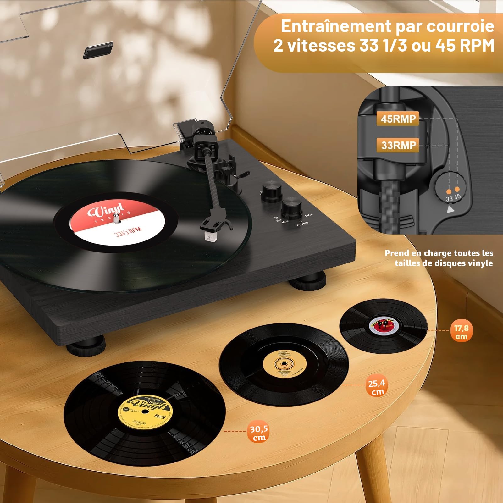 Trynnay Platine Vinyle, Tourne Disque Système HiFi, entrée/Sortie Bluetooth, 33/45 Tours/Minute, Compatible vinyles 7/10/12 Pouces, Son Hi-FI pour Les Amateurs de vinyles, Noir