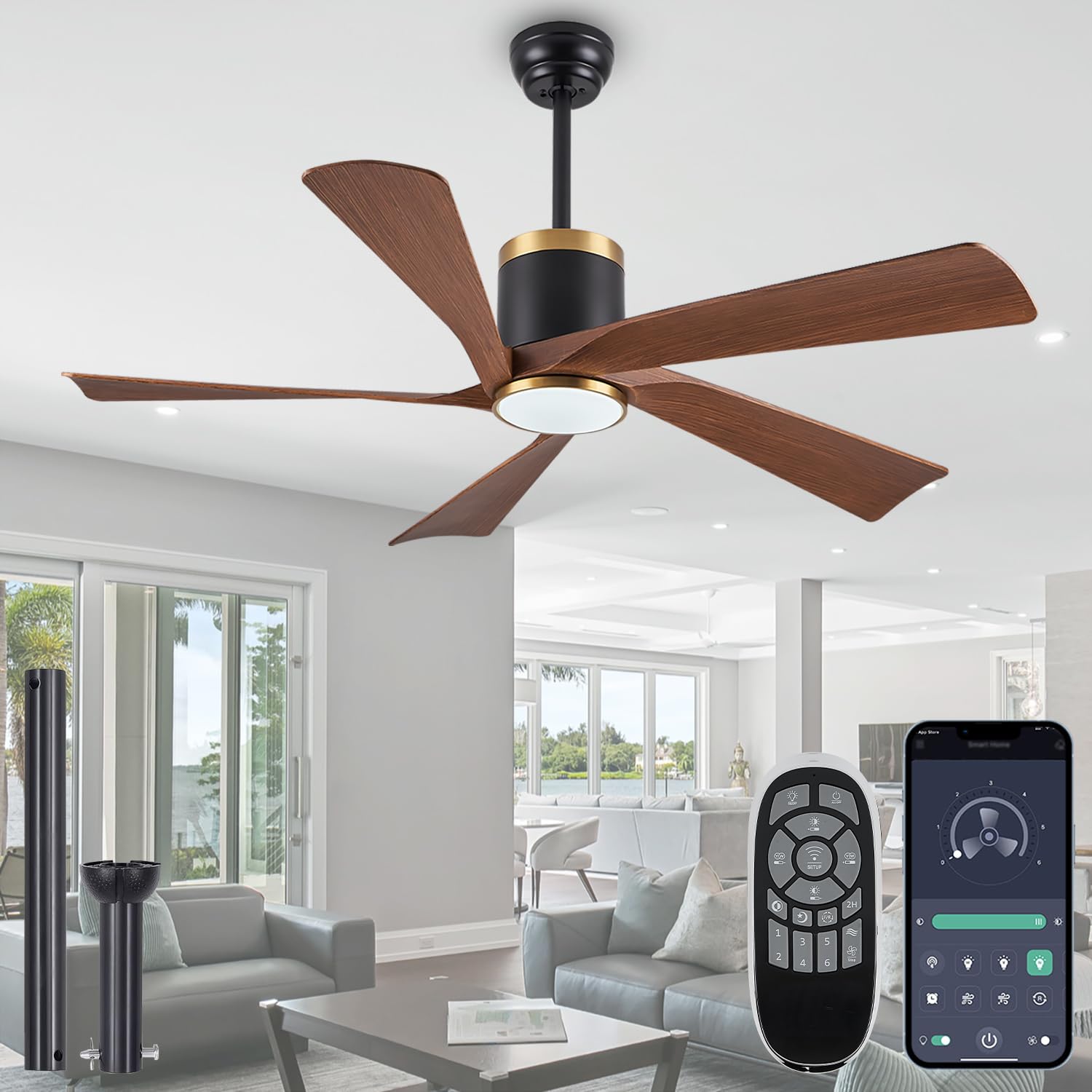 SARUDIIR Ceiling Fans with Lights,52 inch Modern Ceiling fan with App and Remote Control,Reversible DC motor ceiling fans,3CCT,Dimmable, Noiseless,