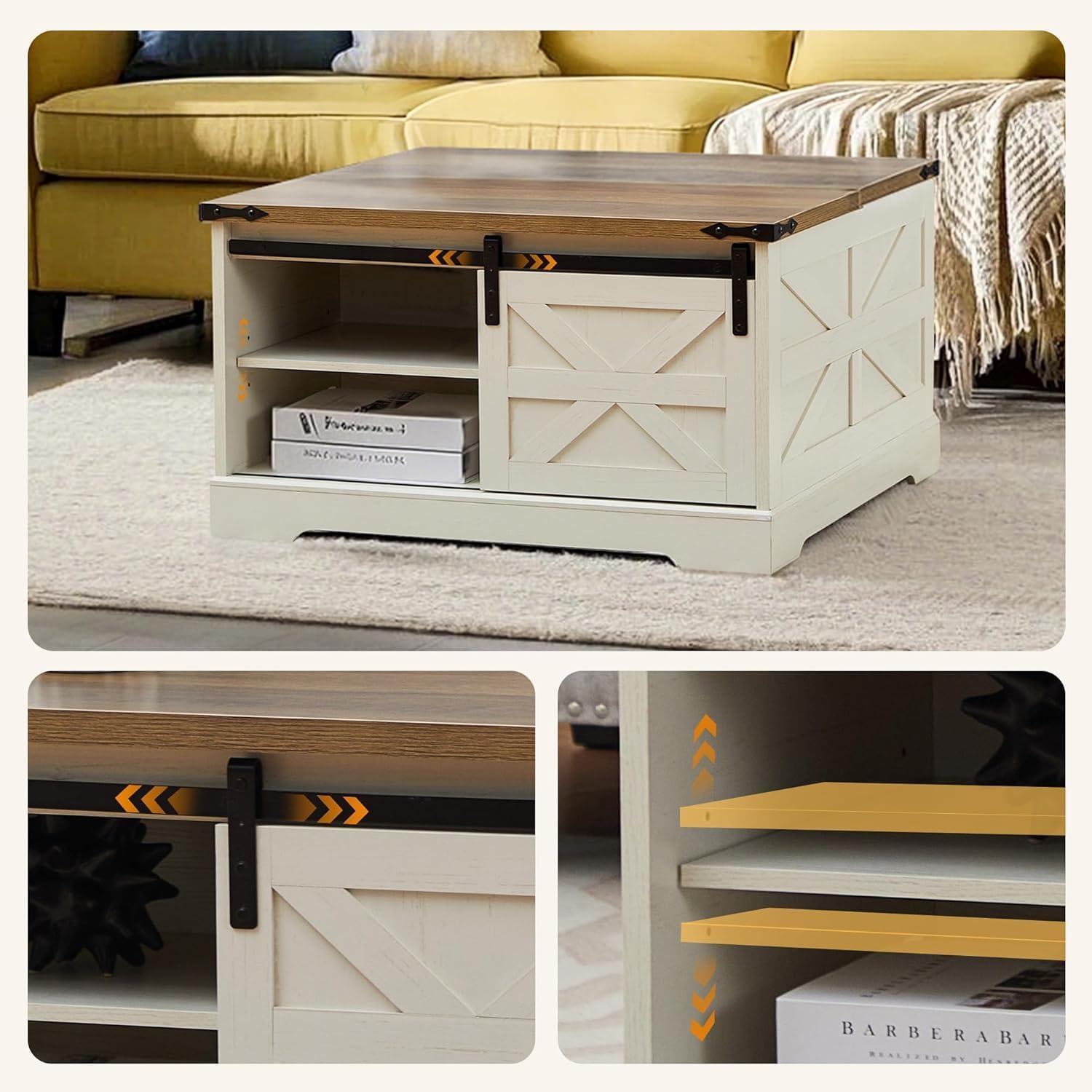 Farmhouse Lift Top Coffee Table with Hidden Storage Square Coffee Table Sliding Barn Door and Adjustable Shelf Rustic Wood Center Table for Living Room, Rustic White