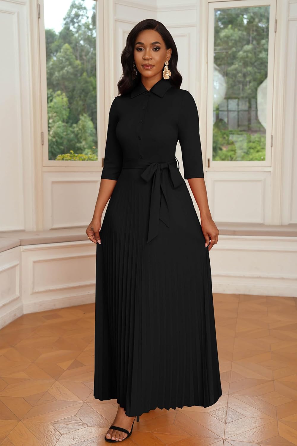 Runwind Maxi Dresses for Women, 3/4 Sleeve Botton Down Pleated Long Dress with Belt Casual Church Dress with Pockets - Image 3