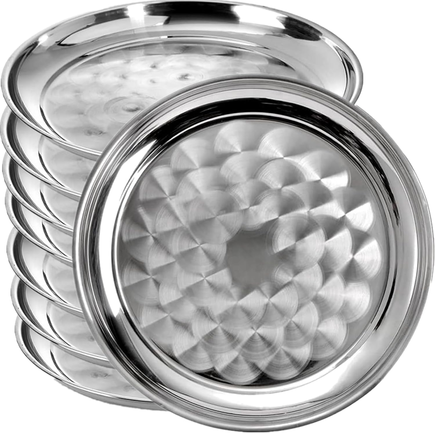 8 Pack Stainless Steel Round Serving Tray, 12 Inch Silver Serving Platter Sturdy Silver Metal Display Tray for Coffee Table, Bar, Party, Club, Home, Ottoman