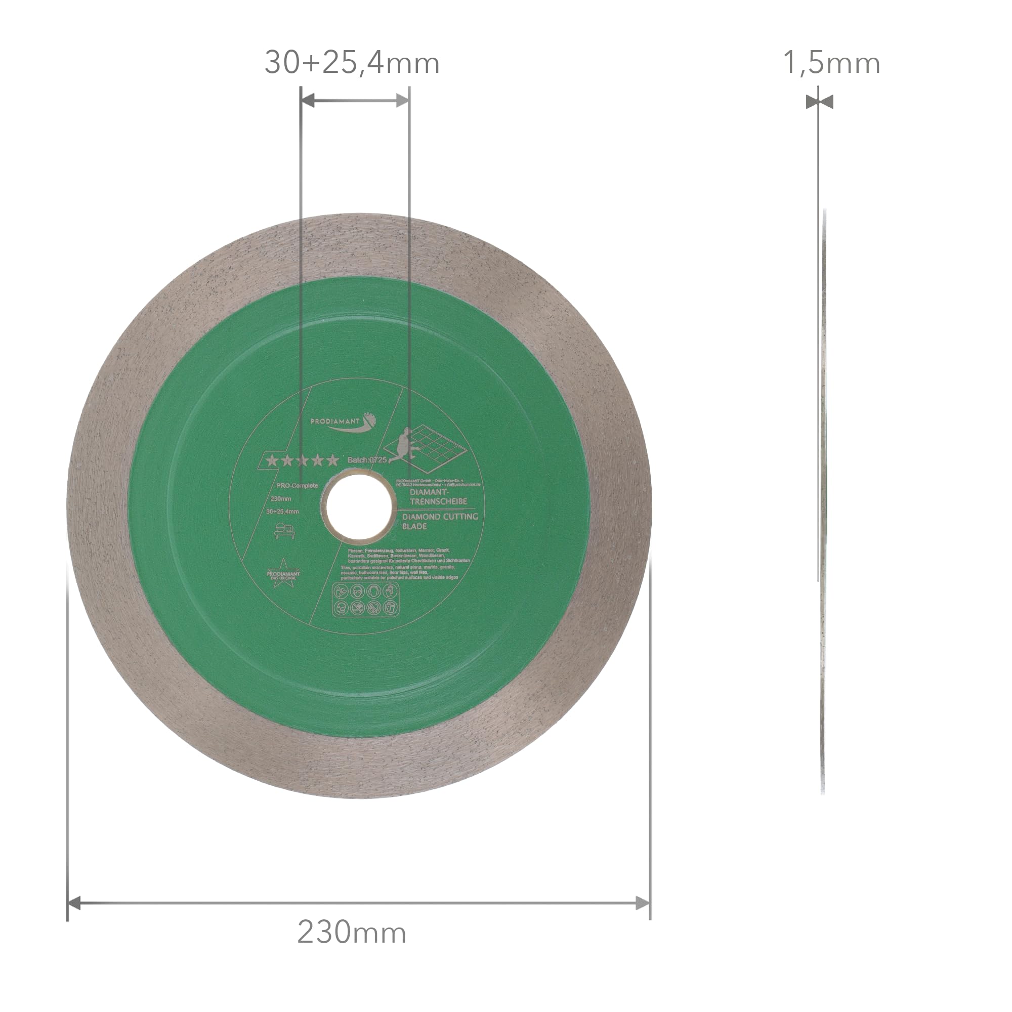 PRODIAMANT PRO-Complete Disque diamant carrelage - 230 mm x 30 mm - Avec anneau de réduction à 25,4 mm - Pour carrelage, grès cérame, céramique, pierre naturelle - Segment sandwich de 25 mm