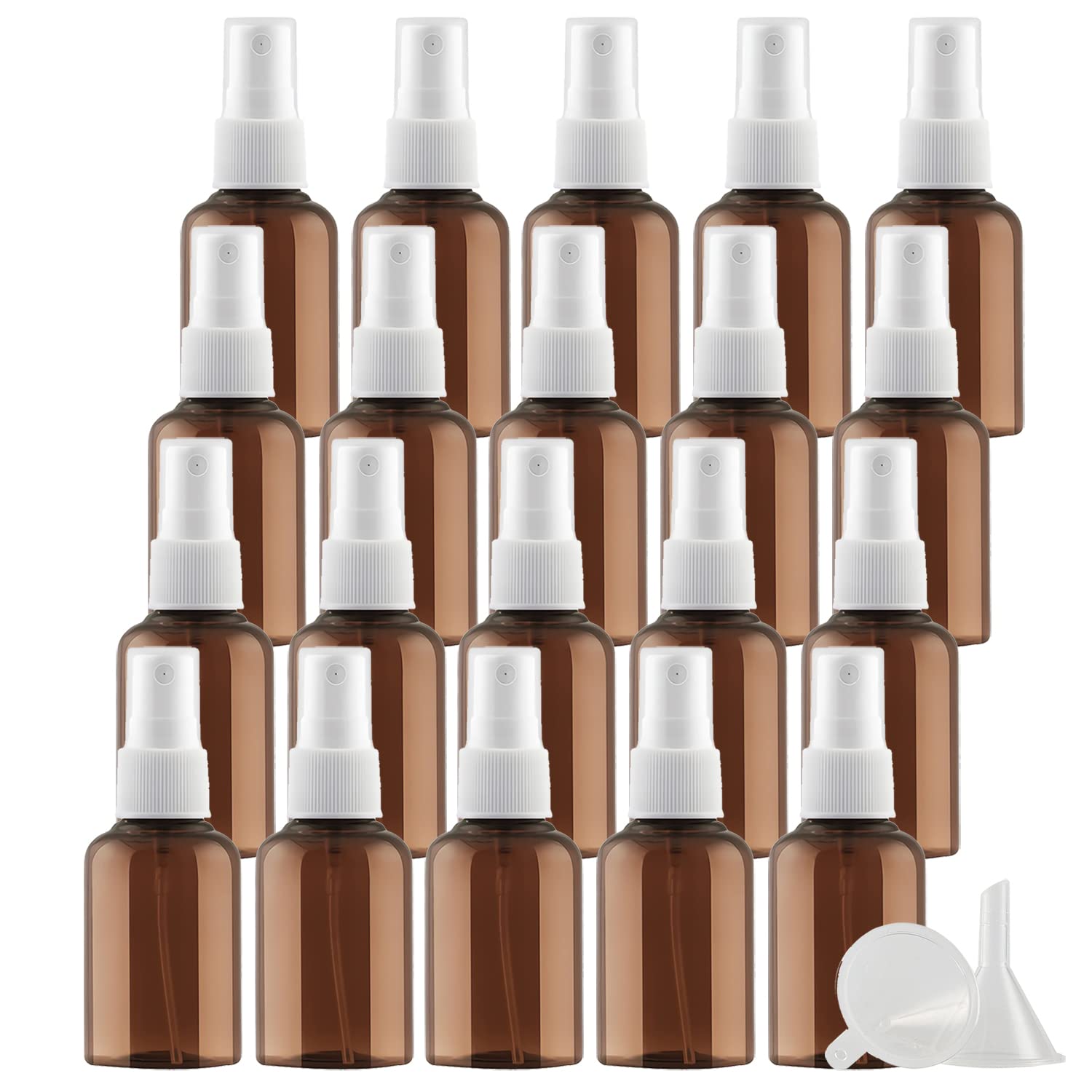 100 Stück Leere Braun 50ml Kunststoff Sprühflasche mit Weiß Zerstäuber Flasche, Tragbar Feinen Nebel Pumpzerstäuber Parfümzerstäuber Zerstäuberflasche Reise Flakons, 10x Trichter