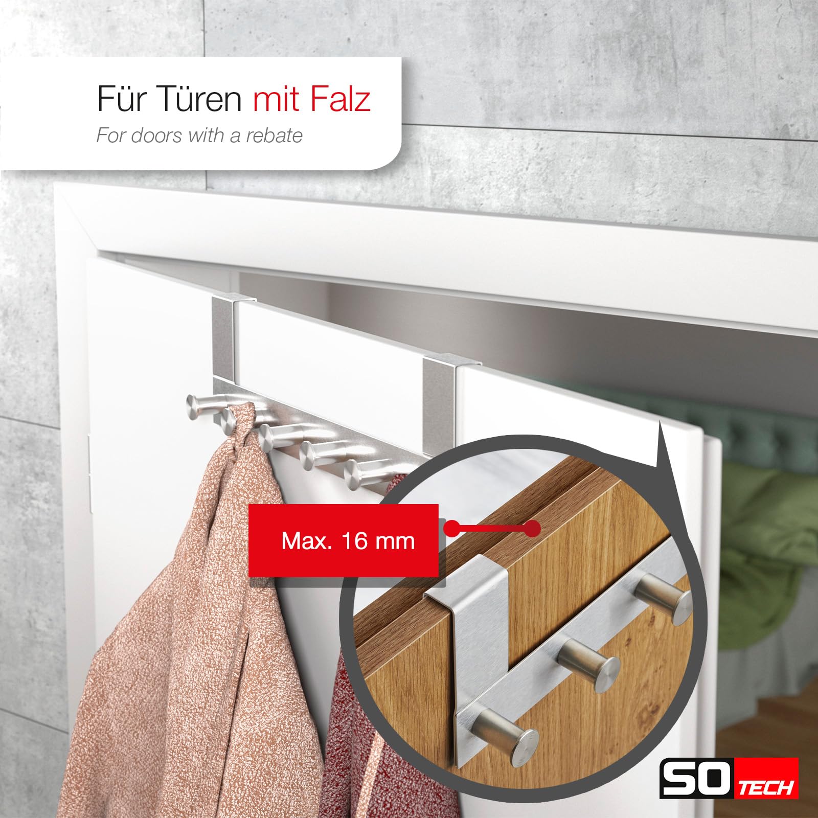 SOTECH Appendiabiti per Porte Linea I Acciaio Inox Opaco 380 x 110 mm 6 Ganci Battuta Max 16 mm