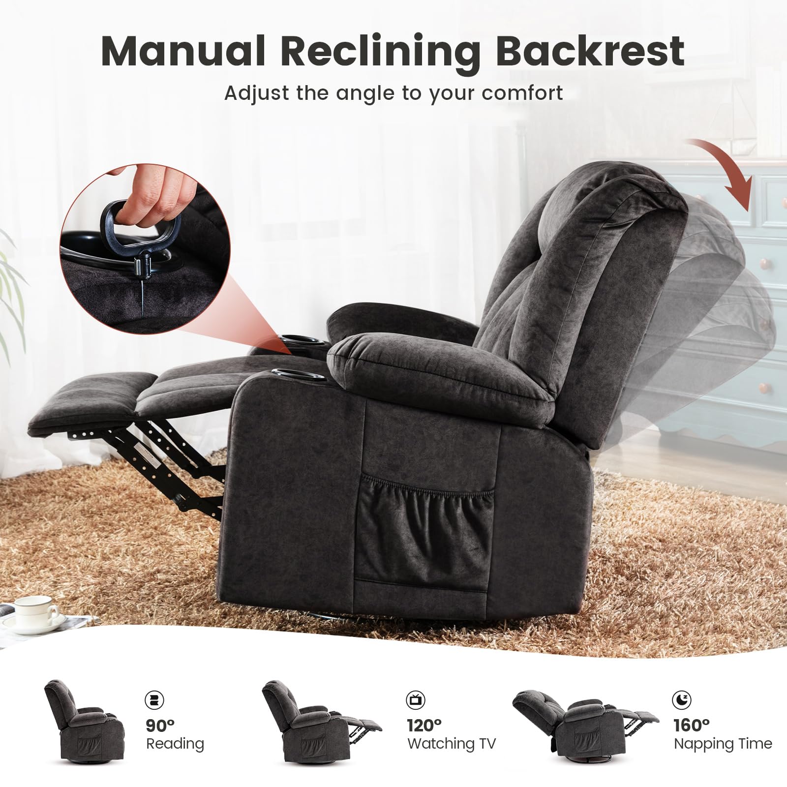 COMHOMA Sillón Reclinable Manual Giratorio para Adultos con Respaldo y Reposapiés Ajustables, Silla de 360° para Salón, Portavasos, Bolsillos Laterales, Tejido Suave, Soporte Ergonómico, Gris