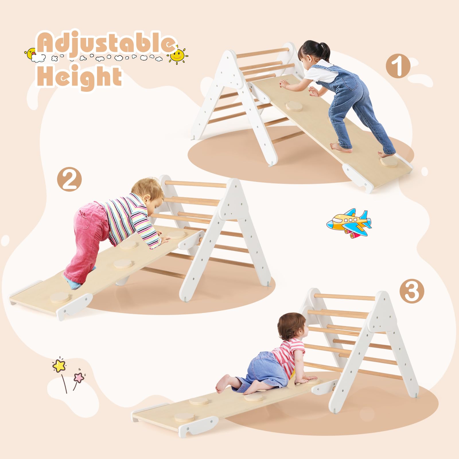 FANTASK 4 in 1 Klettergerüst mit rutsche, Kletterdreieck Holz inkl. doppelseitige Rampe & Kletterboge & Wippen, Sprossendreieck Spielplatz für Kinder ab 1 Jahr, Weiß