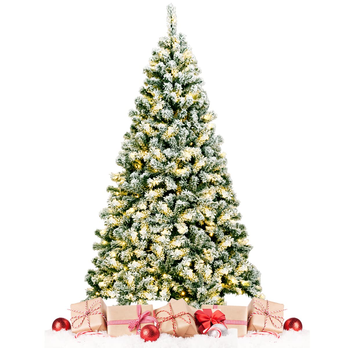 LIFEZEAL Sapin de Noël Artificiel 140/180/225 cm, Arbre de Noël avec Système de Pliage, Décoration de Noël avec Support en Métal (Vert+Blanc|avec LED, 180cm)