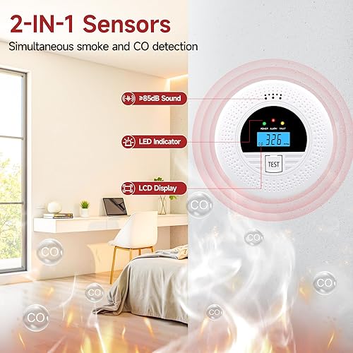 Miniatura 3 de 1-Pack Interconnected Smoke and Carbon Monoxide Detector, Test Button & Replaceable Battery, Smoke and CO Alarm for Home, Hallways, Bedroom,
