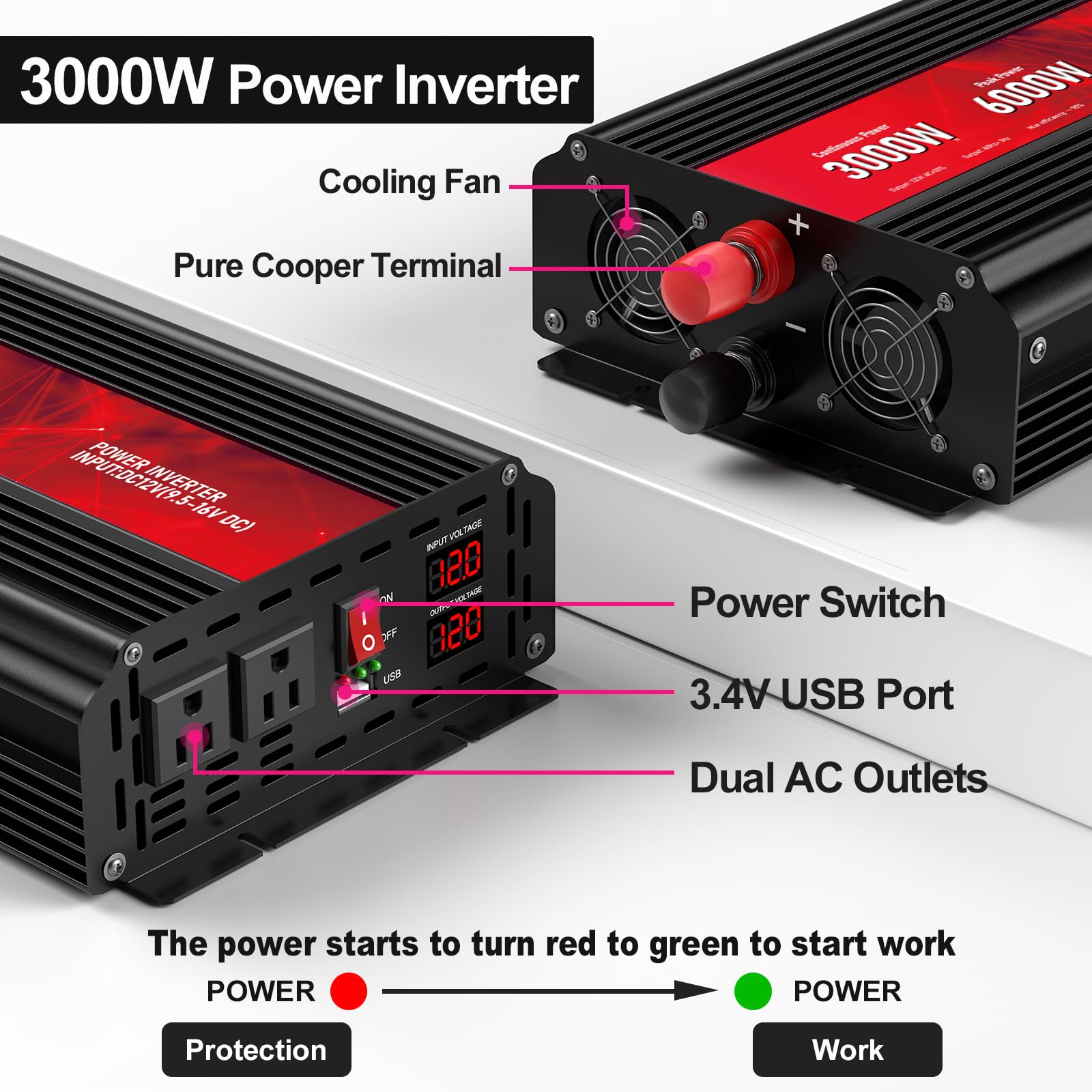 Leistungswandler 3000W DC 12V auf AC 110V 120V Maximale Leistung 6000W mit 2AC Ausgängen und USB 2.4 Port, LCD Anzeige Auto Wechselrichter für Outdoor Aktivit ten