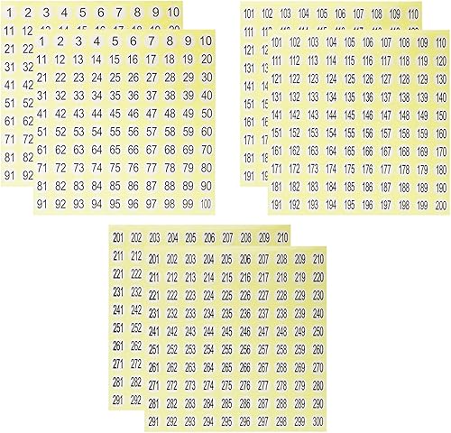 Mini Skater 1-100, 101-200, 201-300, 6 hojas de 2/5 pulgadas, pequeñas calcomanías de vinilo autoadhesivas con números consecutivos para