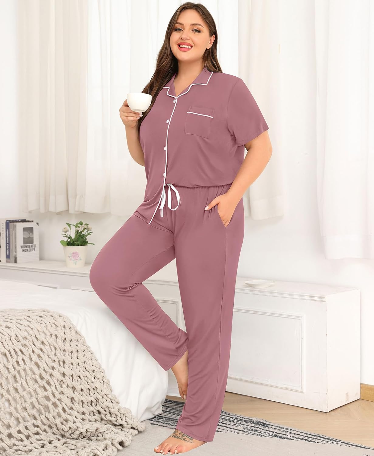 SWOMOG Women's Plus Size Pajama Set Short Sleeve Sleepwear Top and Pants Button Up Pajamas for Women Loungewear - Image 3