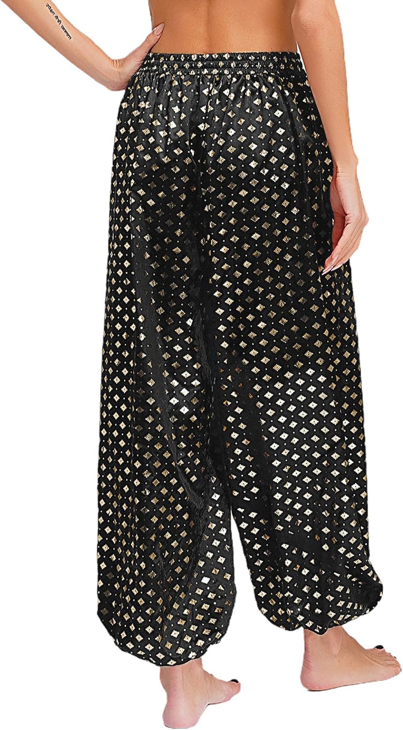 Women's Metallic Floral Print Belly Dance Pants Elastic Waist Bloomers Trousers Halloween Harem Pants