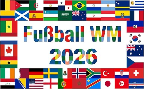 WM Fussball 2026 Flagge, 150x90 cm Fußball Deko Fahne, Große WM 2026 Deko Flagge mit 48 Länderflaggen Motiv, WM-2026-Flagge für Fußballnacht, Fußball-WM Party, Garten, Haus, Bar Dekoration