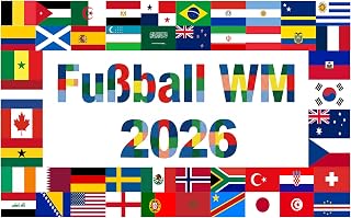 WM Fussball 2026 Flagge, 150x90 cm Fußball Deko Fahne, Große WM 2026 Deko Flagge mit 48 Länderflaggen Motiv, WM-2026-Flagge für Fußballnacht, Fußball-WM Party, Garten, Haus, Bar Dekoration