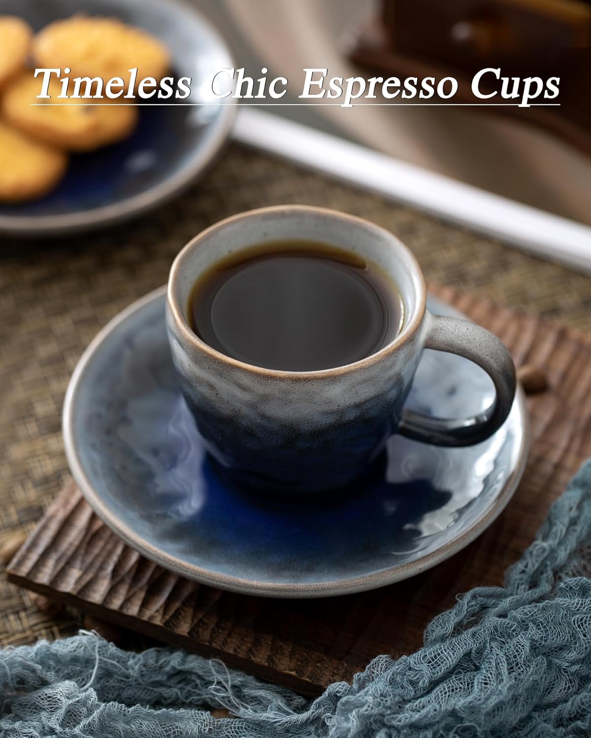 3 oz Espresso Cups Set of 4, Mini Italian Double Espresso Coffee Cup, Vintage Small Ceramic Demitasse Cups with Saucer for Lungo Coffee, Blue - Image 8