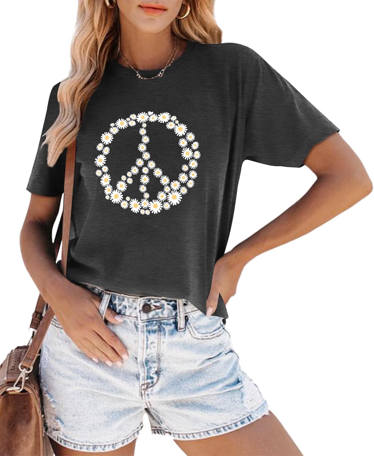 Peace Sign Love T-Shirt for Women Flower Graphic Shirt Hippie Short Sleeve 60s 70s Shirt Inspirational Tee Tops - Image 4