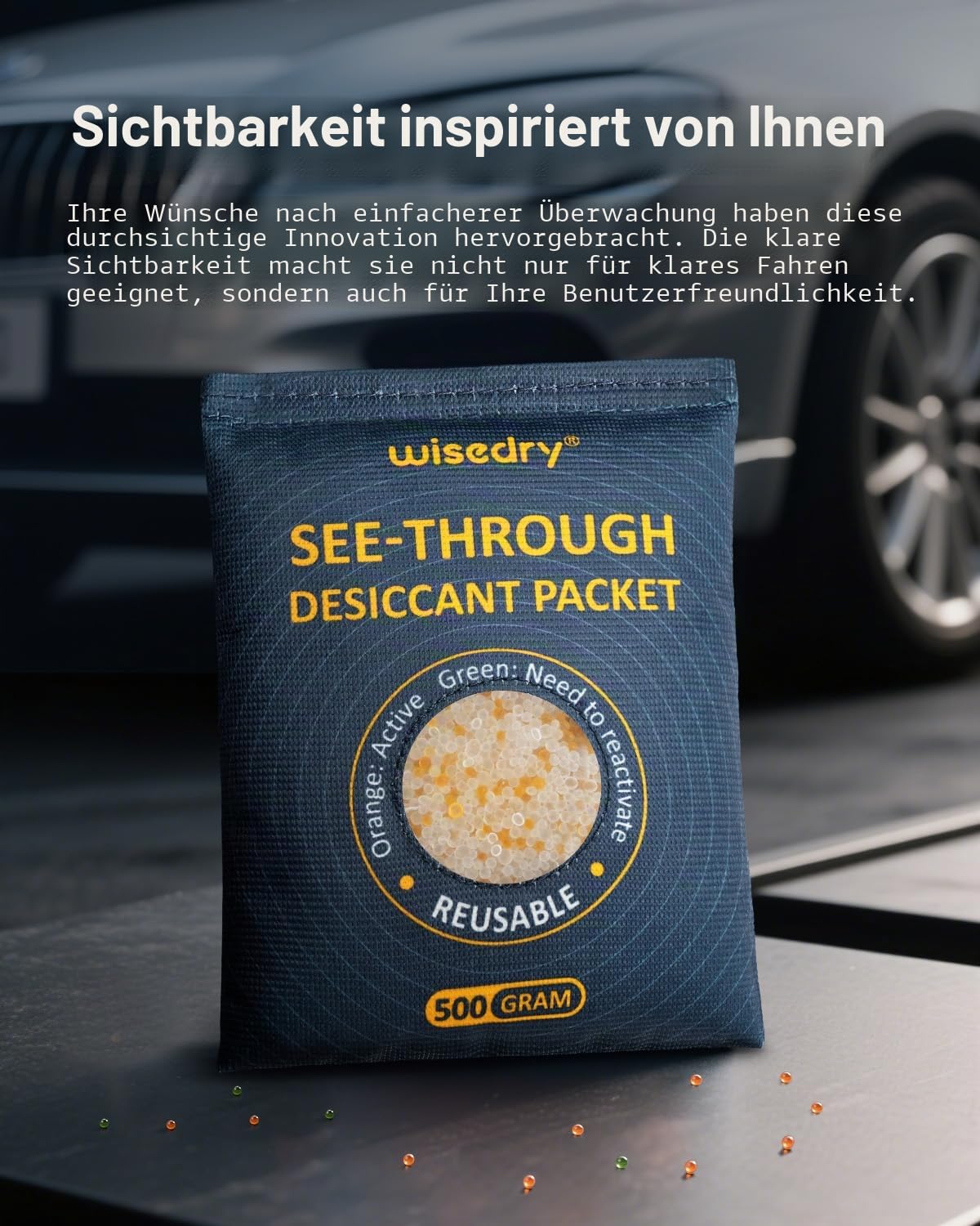 Wisedry Durchsichtige Silica-Gel-Pakete [4 x 500g], farblich gekennzeichnete Trockenmittel-Pakete für die Lagerung, wiederverwendbarer sicherer Luftentfeuchter, hitzebeständige Luftentfeuchter-Beutel