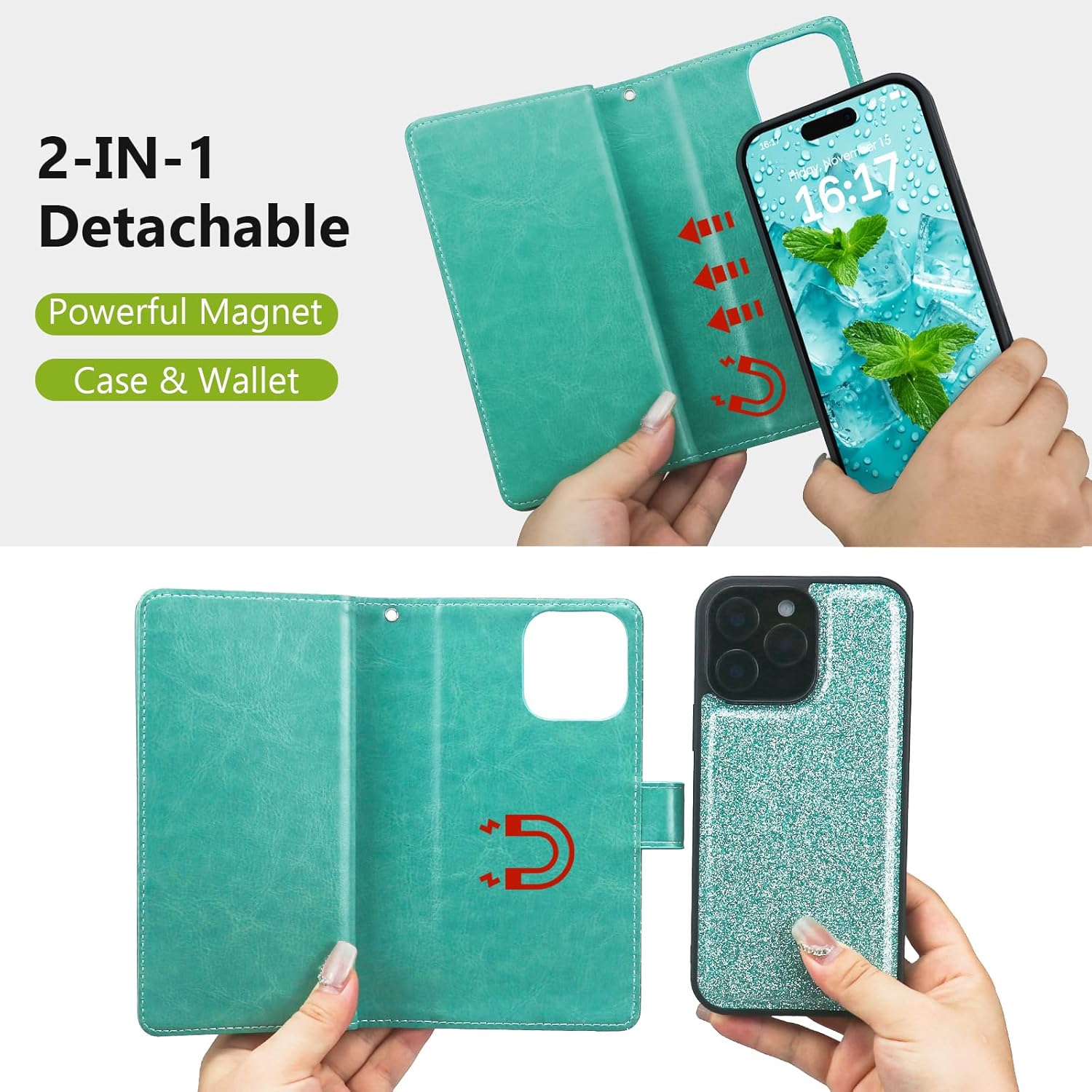 Varikke for iPhone 16 Pro Max Wallet Case Detachable with RFID Blocking Card Holder for Women, Glitter Leather Strap Magnetic Flip Wallet Removable Phone Case for iPhone 16 Pro Max 6.9", Mint Green