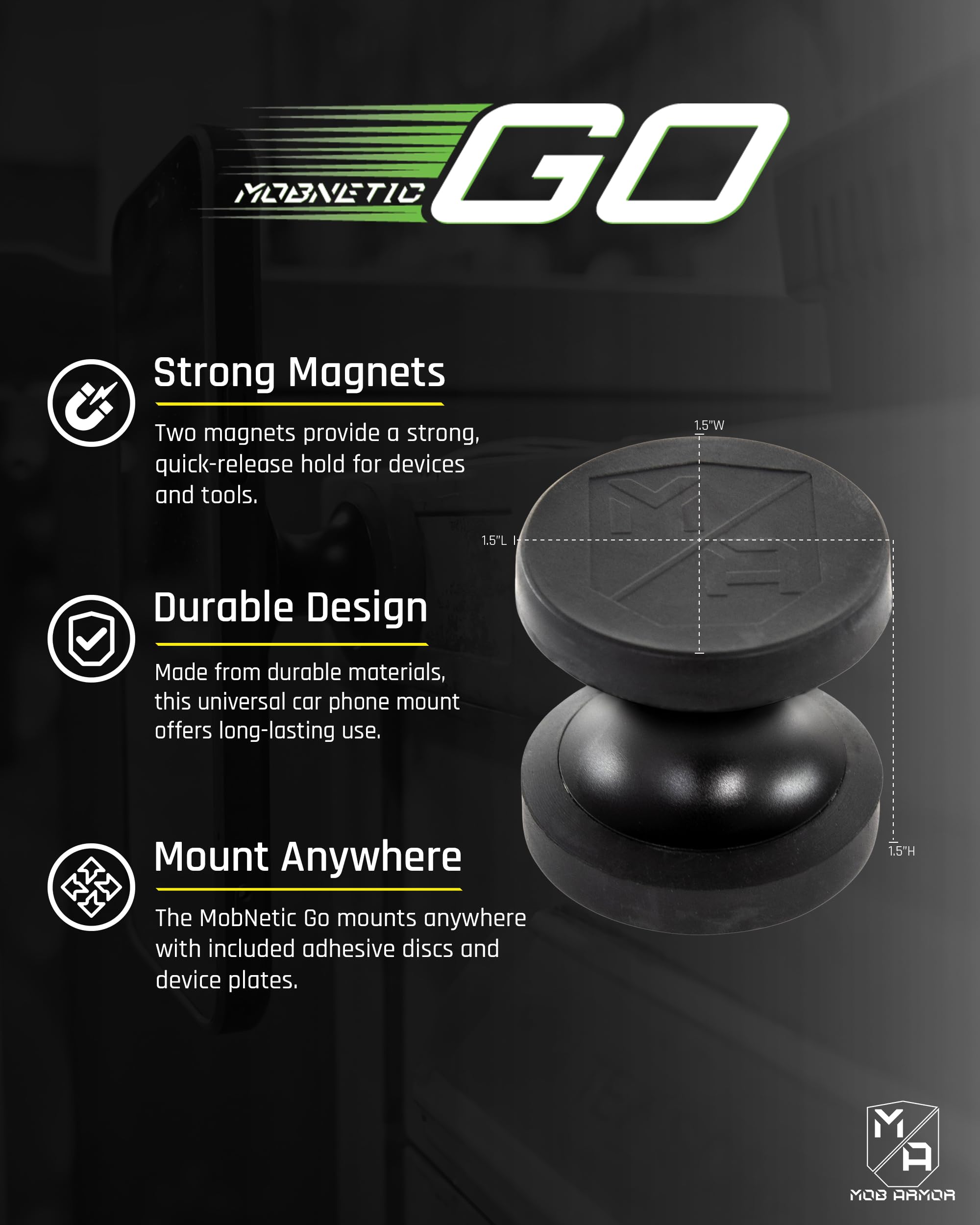 Mob Armor MobNetic Go - Soporte magnético para teléfono con placa de metal, base magnética fuerte, aluminio de grado aeronáutico, salpicadero de coche y soporte de superficie de metal, compatible con