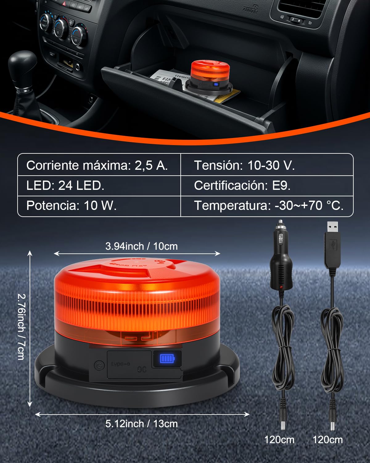 Dinfu Rotativo LED con batería y pantalla de 9 modos de parpadeo Luz intermitente LED 12V Imán naranja Luz de señalización con cargador para coche y cable USB para coches, camiones, tractores, SUV