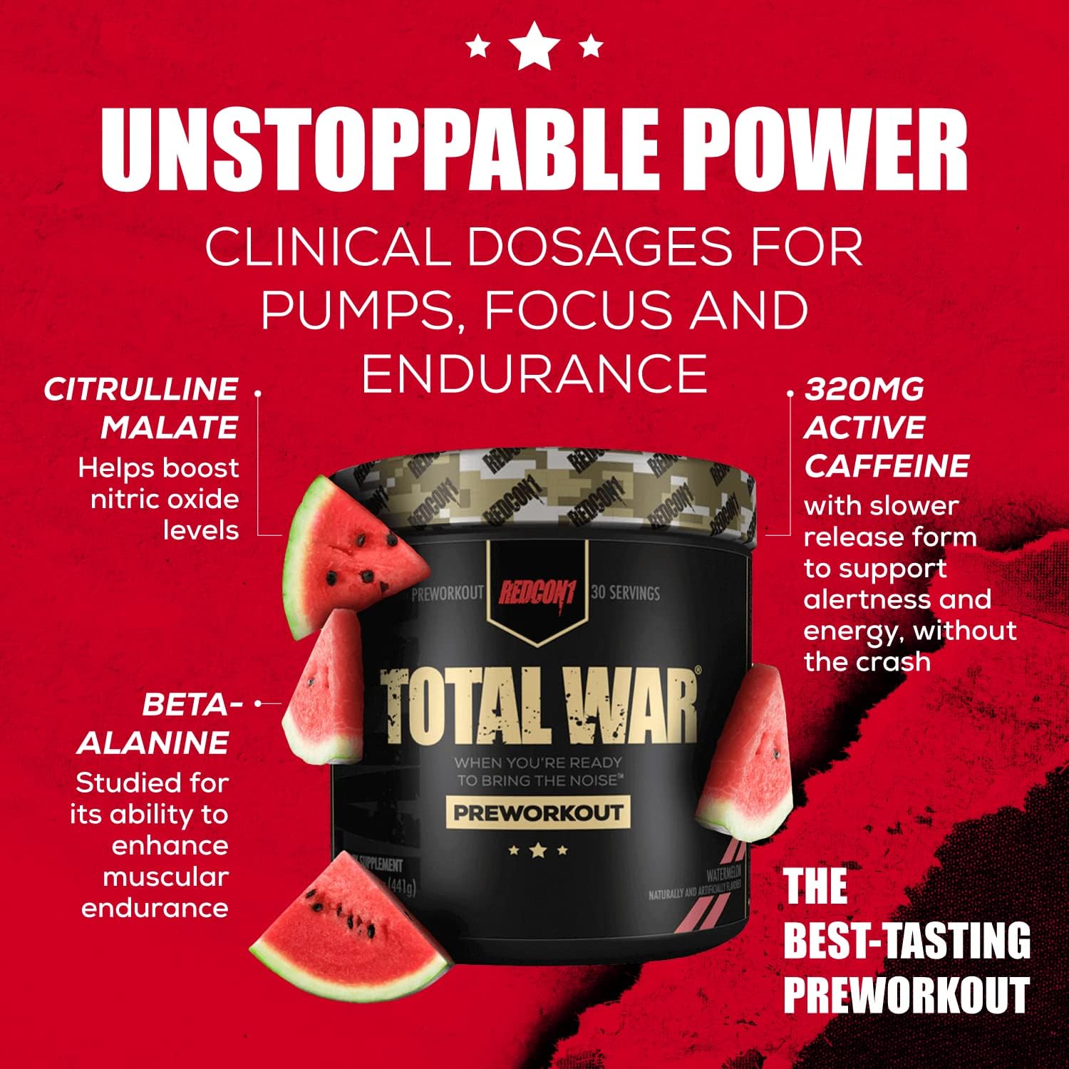 REDCON1 Total War Pre Workout Powder - Caffeinated Energy Powder with Beta Alanine for Enhanced Muscular Endurance - Fast Acting Preworkout with L Citrulline, Watermelon (50 Servings) : Health & Household