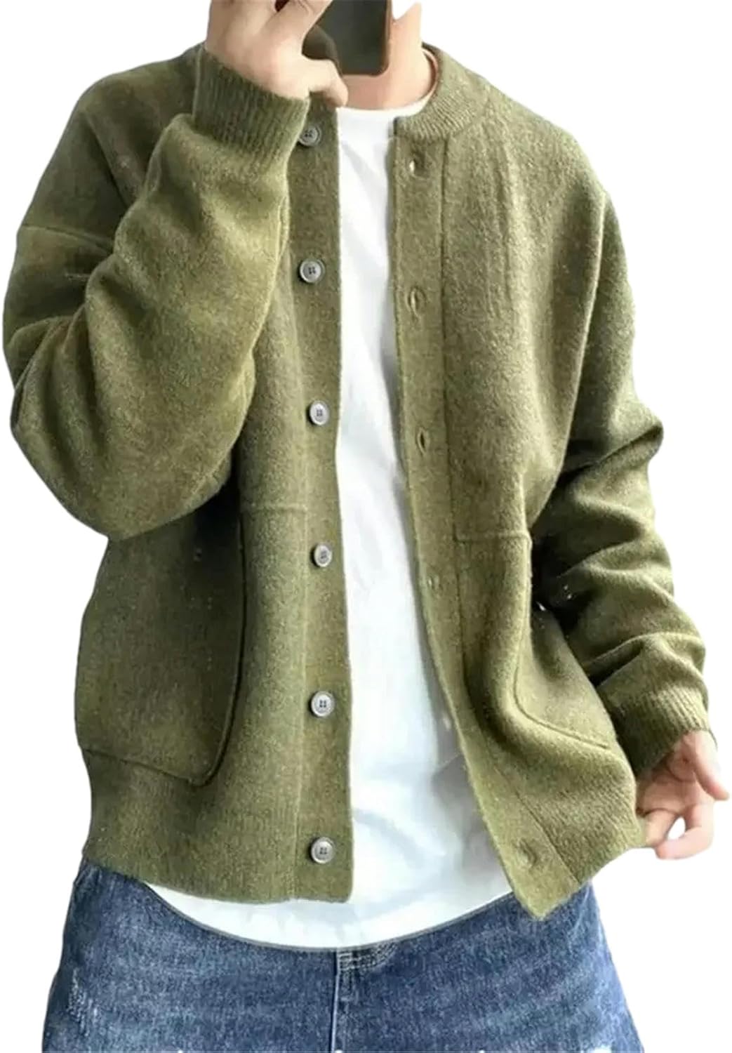 Men's Sweater Coat Round Neck Knitted Cardigan Casual Single Breasted Solid Color Long Sleeve Coat Warm Sweatshirt