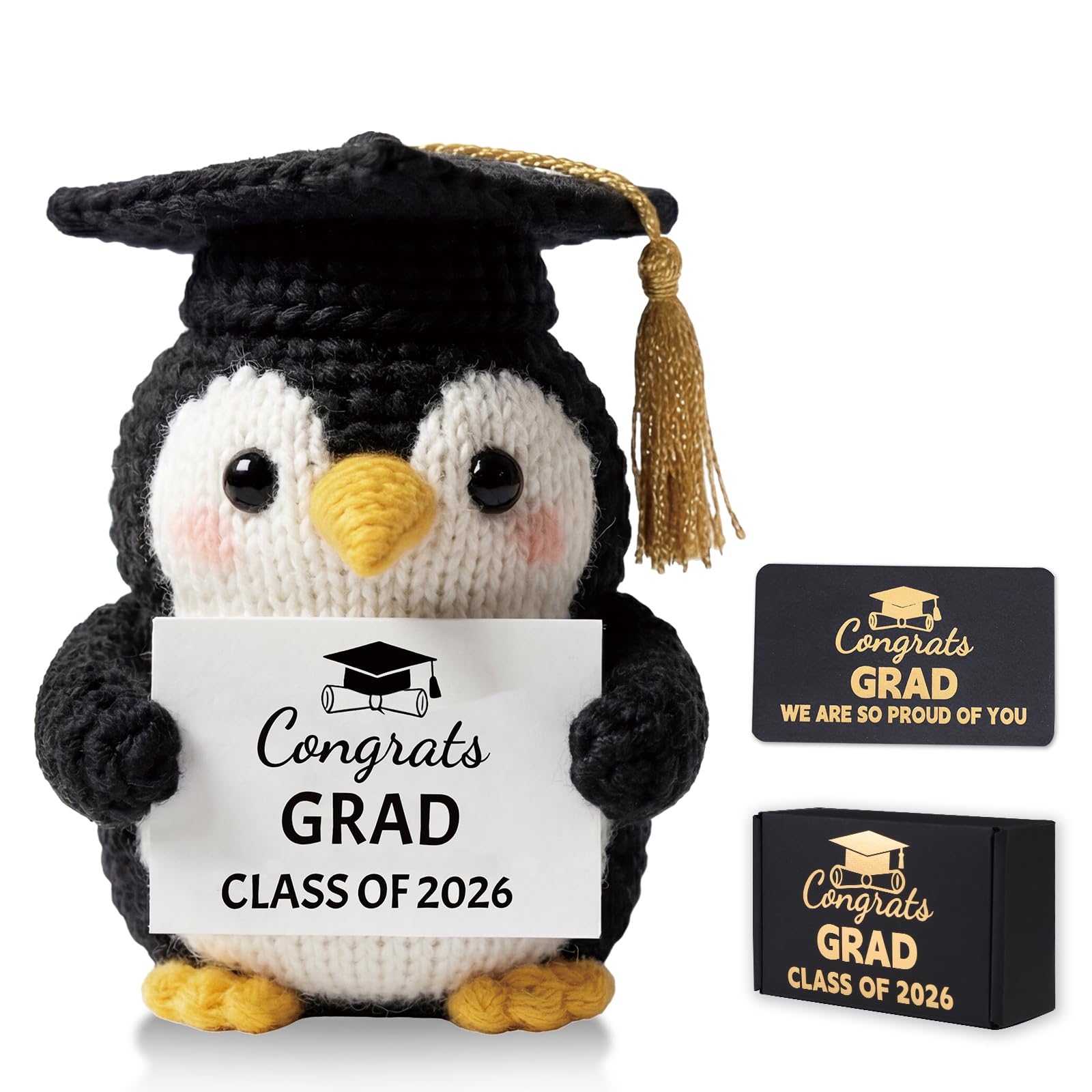 Lednica 2026 Graduation Crochet Penguin, Class of 2026 Handmade Graduation Gifts, Emotional Support Crochet Animal with Gift Box&Card, Grad Plush for Boys Girls Him Her, Appreciation Teacher Gifts