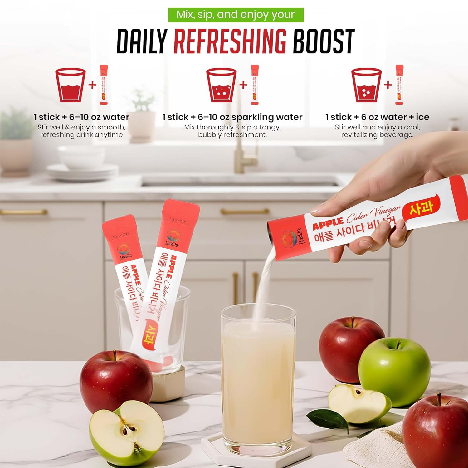 HaeOn Apple Cider Vinegar Drink Powder Stick – On-the-Go with 1500mg ACV, 30 Sticks, Sugar-Free, Probiotics | Supports Digestion (Pack of 30, Apple)