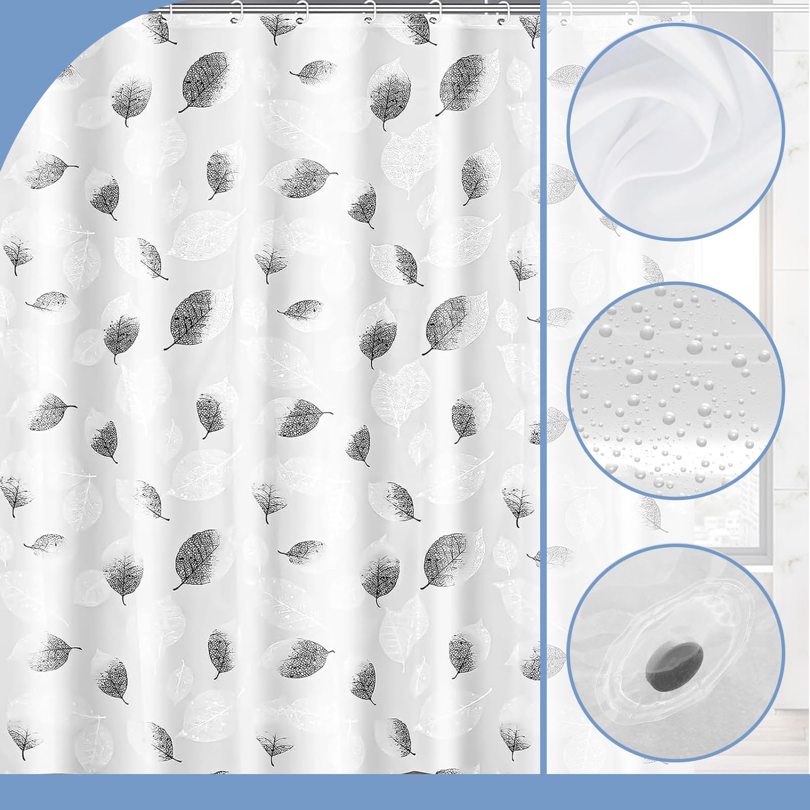 COSORO PEVA Shower Curtain 180x180cm,Heavy Duty Plastic Leaves Pattern Weighted Shower Curtains Mould Proof Resistant Waterproof Bath Curtains with 12 Hooks for Wet Room,Bathroom,Shower Stall,Bath Tub - Image 2
