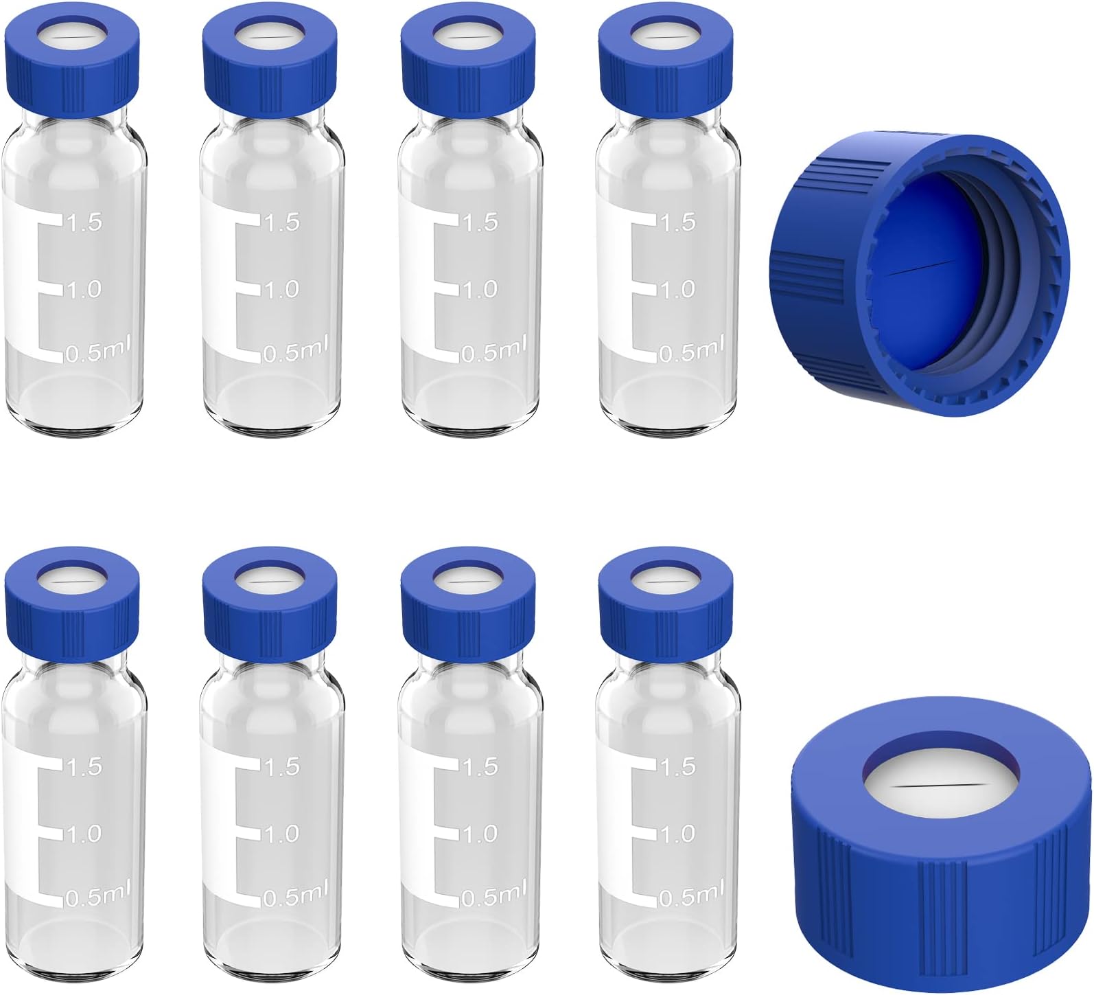 FOUR E'S SCIENTIFIC 2mL Autosampler Vial 1000 Pack- HPLC Vial | 9-425 Clear Vial with Blue Screw Caps | Writing Patch | Graduations | Blue PTFE & White Silicone Pre-Slit Septa Fit for LC Sampler