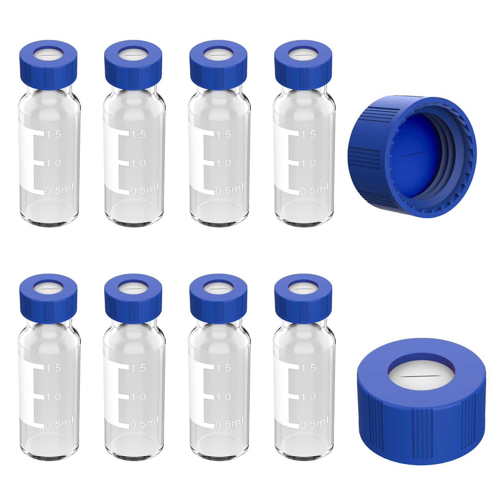FOUR E'S SCIENTIFIC 2mL Autosampler Vial 1000 Pack- HPLC Vial | 9-425 Clear Vial with Blue Screw Caps | Writing Patch | Graduations | Blue PTFE & White Silicone Pre-Slit Septa Fit for LC Sampler