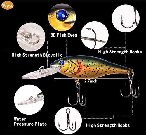 Miniatura 2 de Señuelos de pesca duros, señuelos de minnow para lubina, juego de cebos de crankbait, señuelos de buceo profundo con gancho de agudos para lubina,