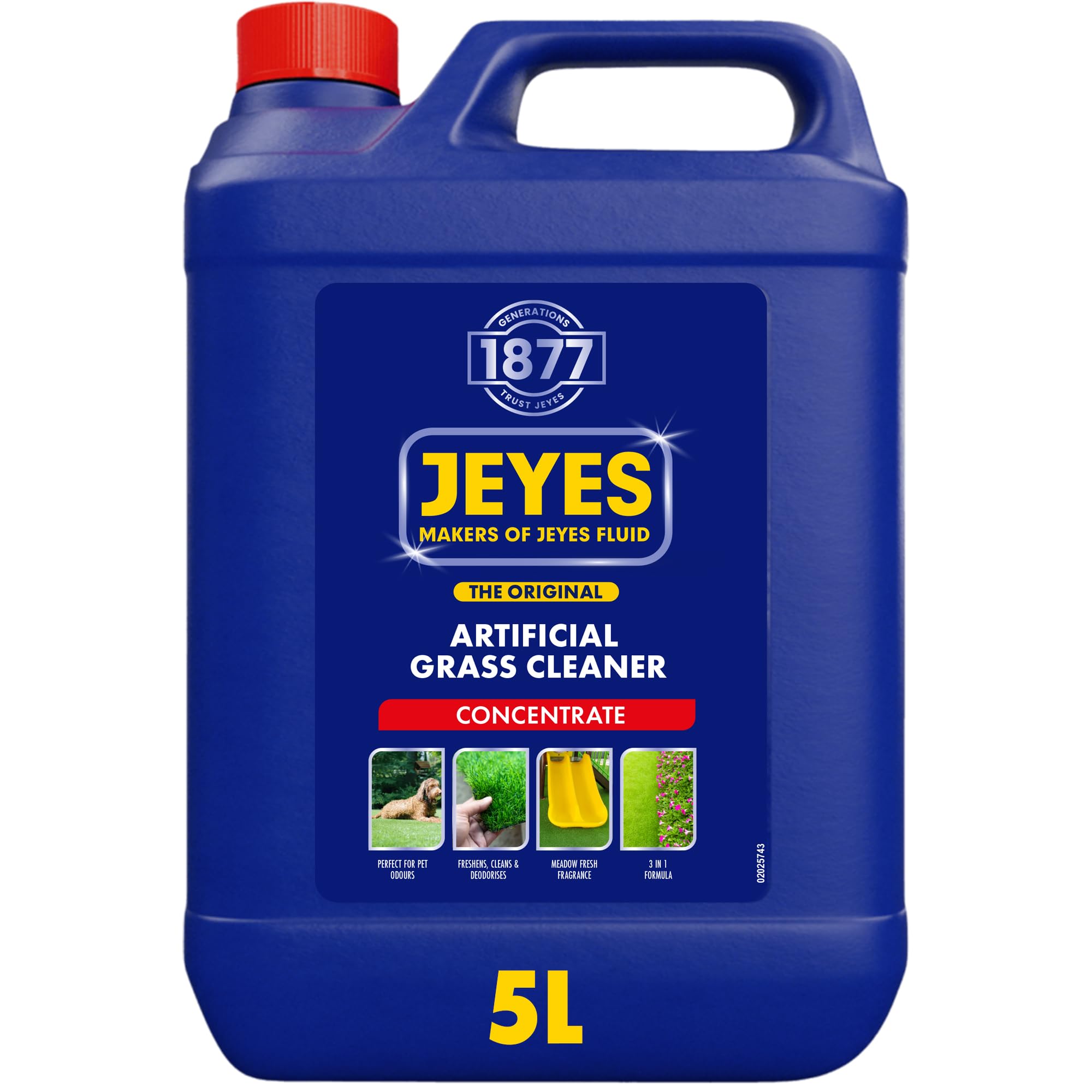 Jeyes Artificial Grass Cleaner 5L – Pet Friendly Artificial Grass Cleaner for Dogs – Concentrated 3-in-1 Formula Cleans, Freshens & Deodorises (Makes 55 Litres) – Meadow Fresh Scent – Child & Pet Safe
