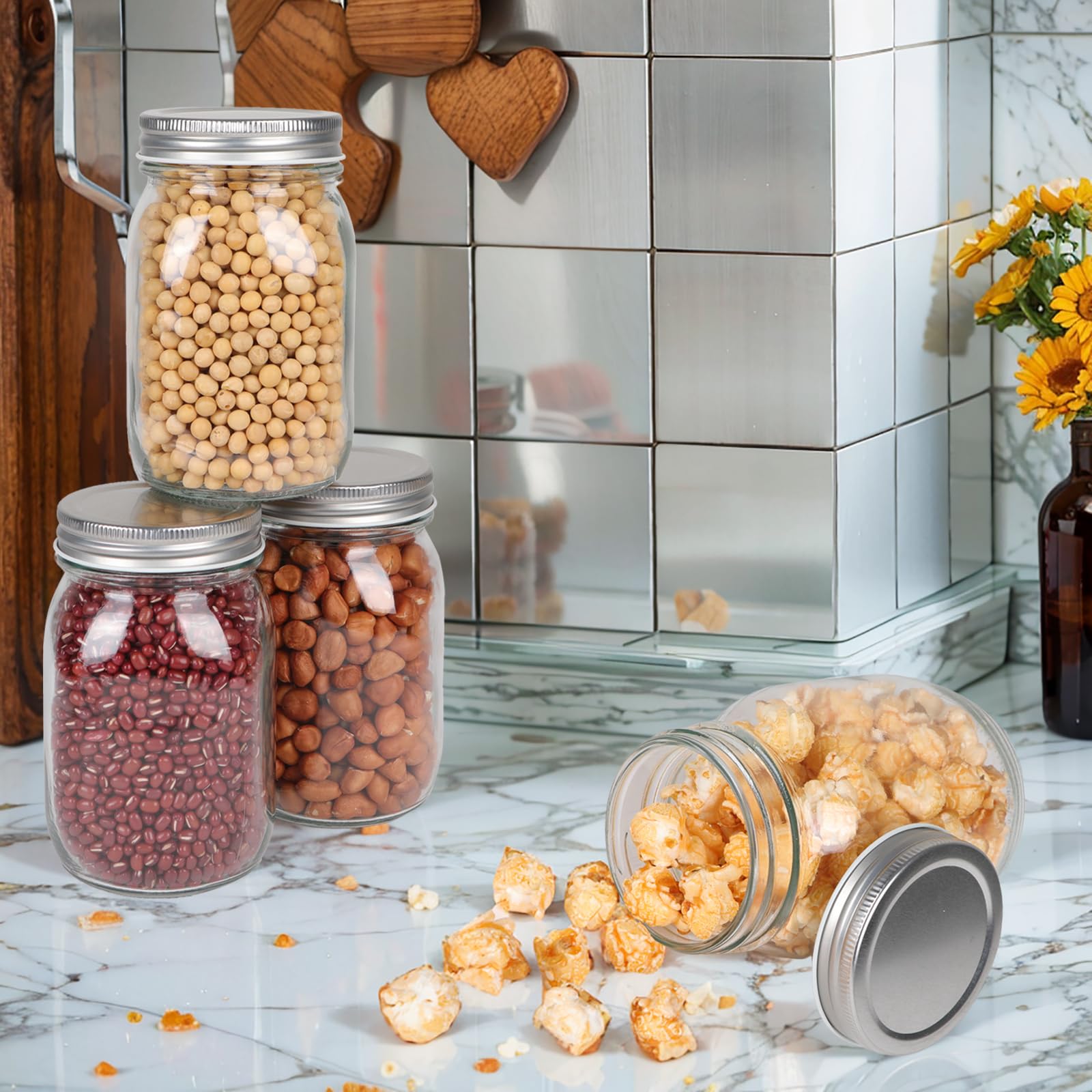Hniuyun Confezione da 12 barattoli in vetro trasparente con coperchio in metallo argentato per sigillare, conservare alimenti, avena durante la notte, cibo secco, snack, caramelle, progetti fai da te