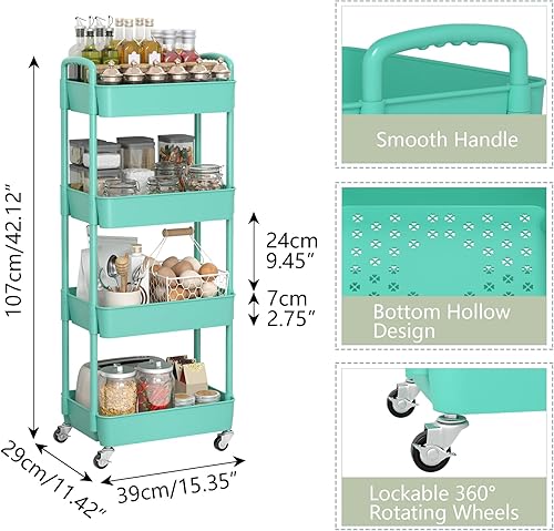 Miniatura 2 de Sywhitta 4-Tier Plastic Rolling Utility Cart with Handle, Multi-Functional Storage Trolley for Office, Living Room, Kitchen, Movable Storage Verde
