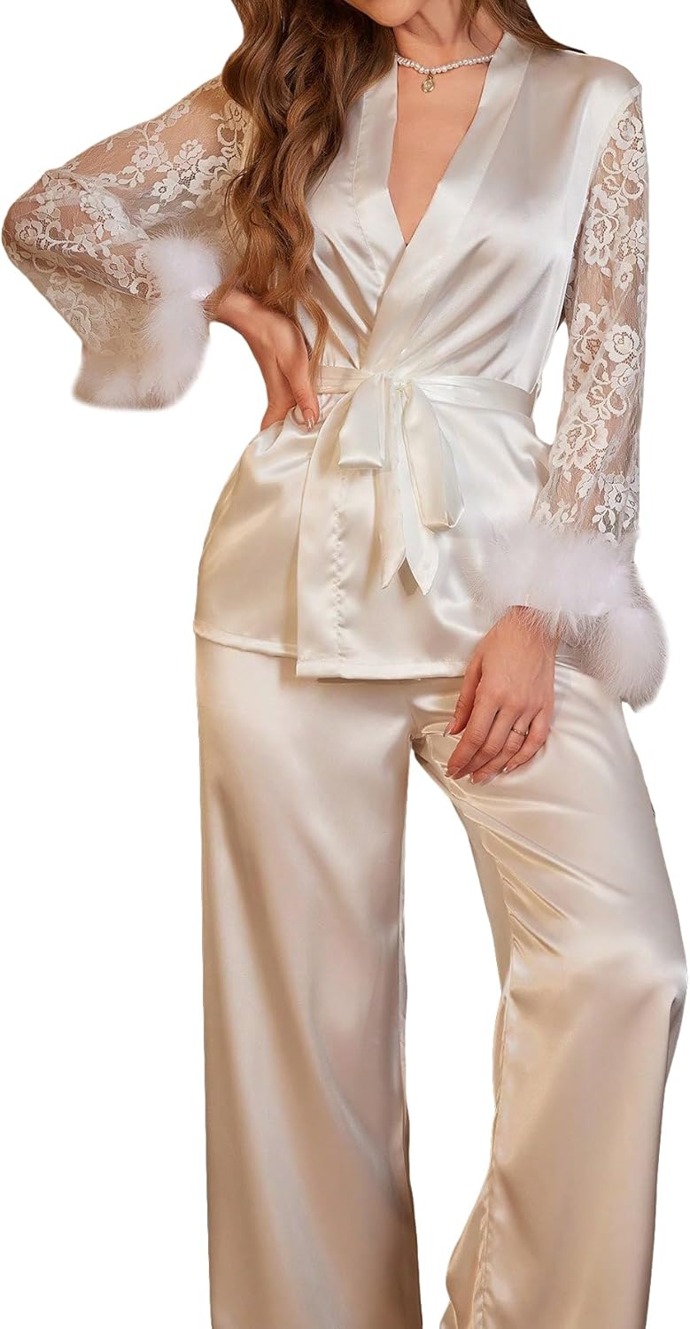 Verdusa Womens Silk Pajamas Set 2 Piece Lace Satin Pjs Ruffle Long Sleeve Belted Top and Pants