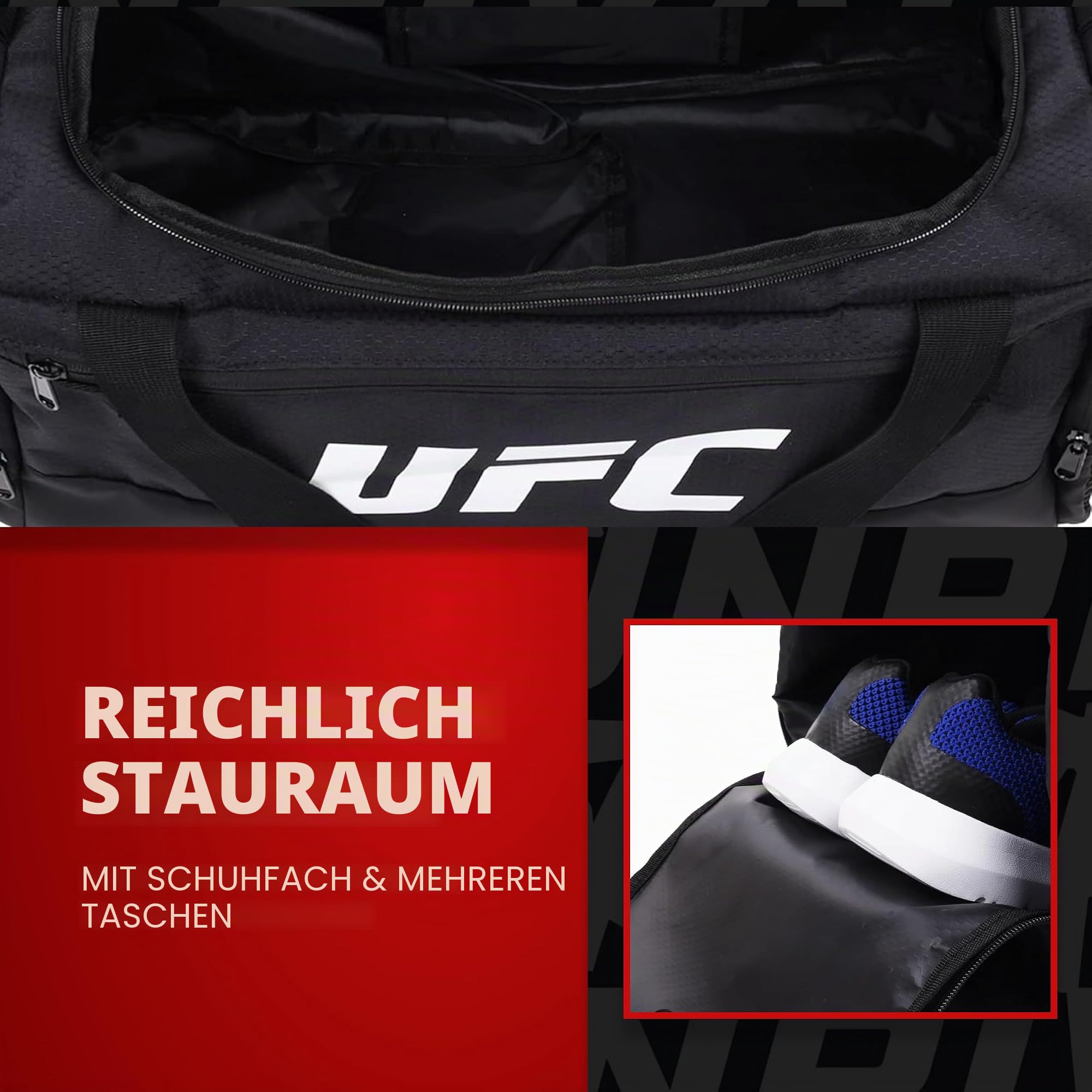 UFC Turnbeutel, 45,7 cm, Handgepäck, mittlere Reisetasche, Reisetasche für Damen und Herren, Schuhfach, MMA-Trainingsgeräte und Sportzubehör, Schwarz