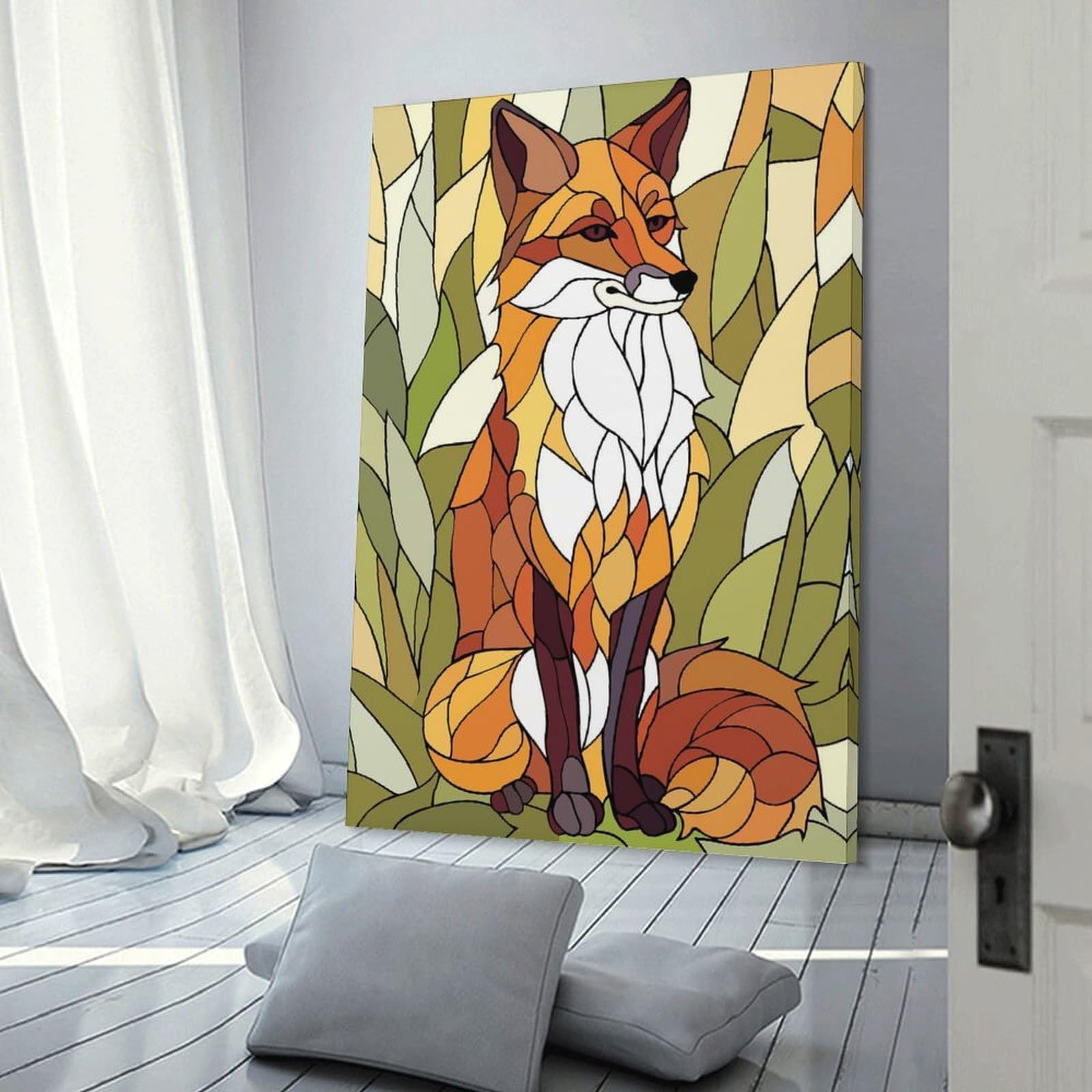 Junmoney Frame-Style-3 Stained Glass Fox In Nature Room Decor Wall Art 24X36inch(60X90cm), For Bedroom, Guest Room Or Reading Nook, An Easy Wall Refresh For Bedrooms
