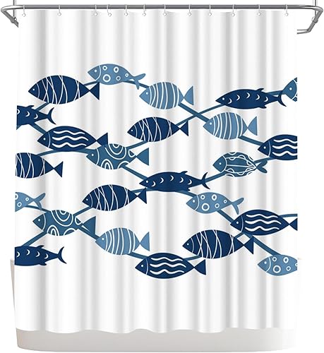 Miniatura 5 de WELMECO Cortina de ducha con diseño de pez, cortina de ducha azul y blanco, decoración de baño, tela de poliéster, 72 x 72 pulgadas