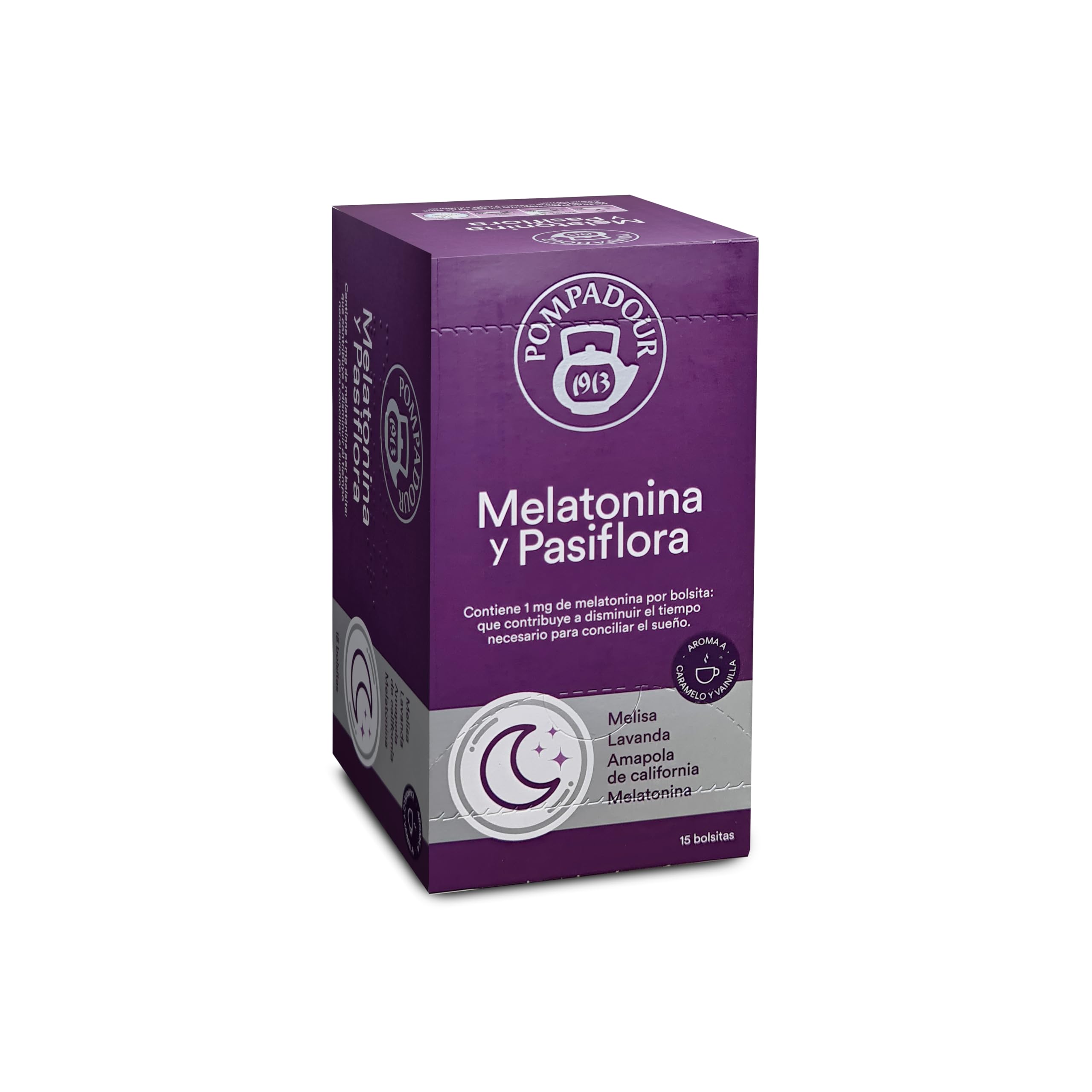 Pompadour | Melatonina y Pasiflora | Contribuye a Disminuir el Tiempo Necesario para Conciliar el Sueño | 1 Mg de Melatonina por Bolsita | 15 Bolsitas de 2 Gr