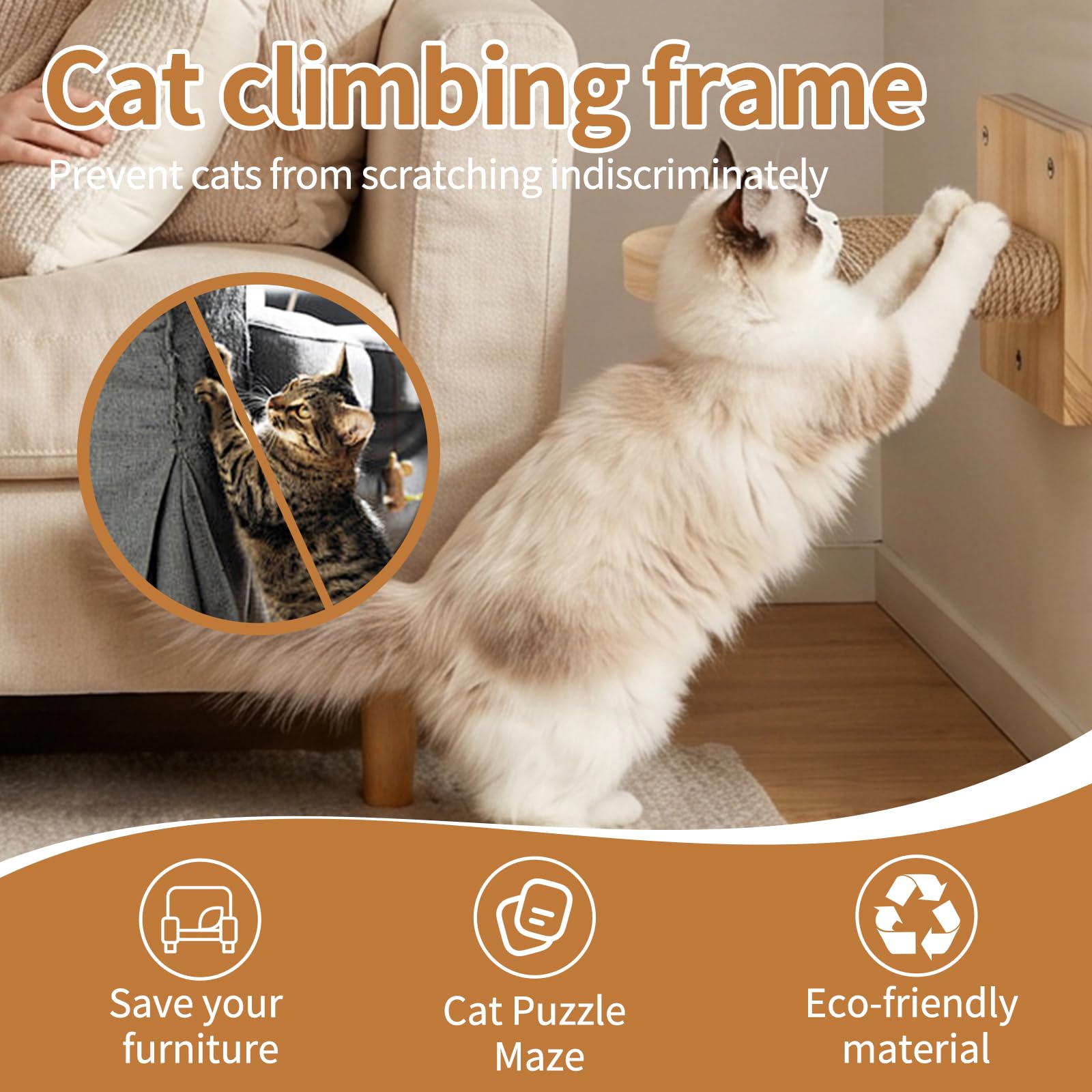 Katzentreppe Wand 4pcs 20CM Lang Natur Holz mit Juteseil Tragfähigkeit 35kg | DIY Kletterwand Katzen aus Holz Wandmontage Kletterwand Wandliege aus Massives für Katze Klettern Spielen Massives Gummiholz