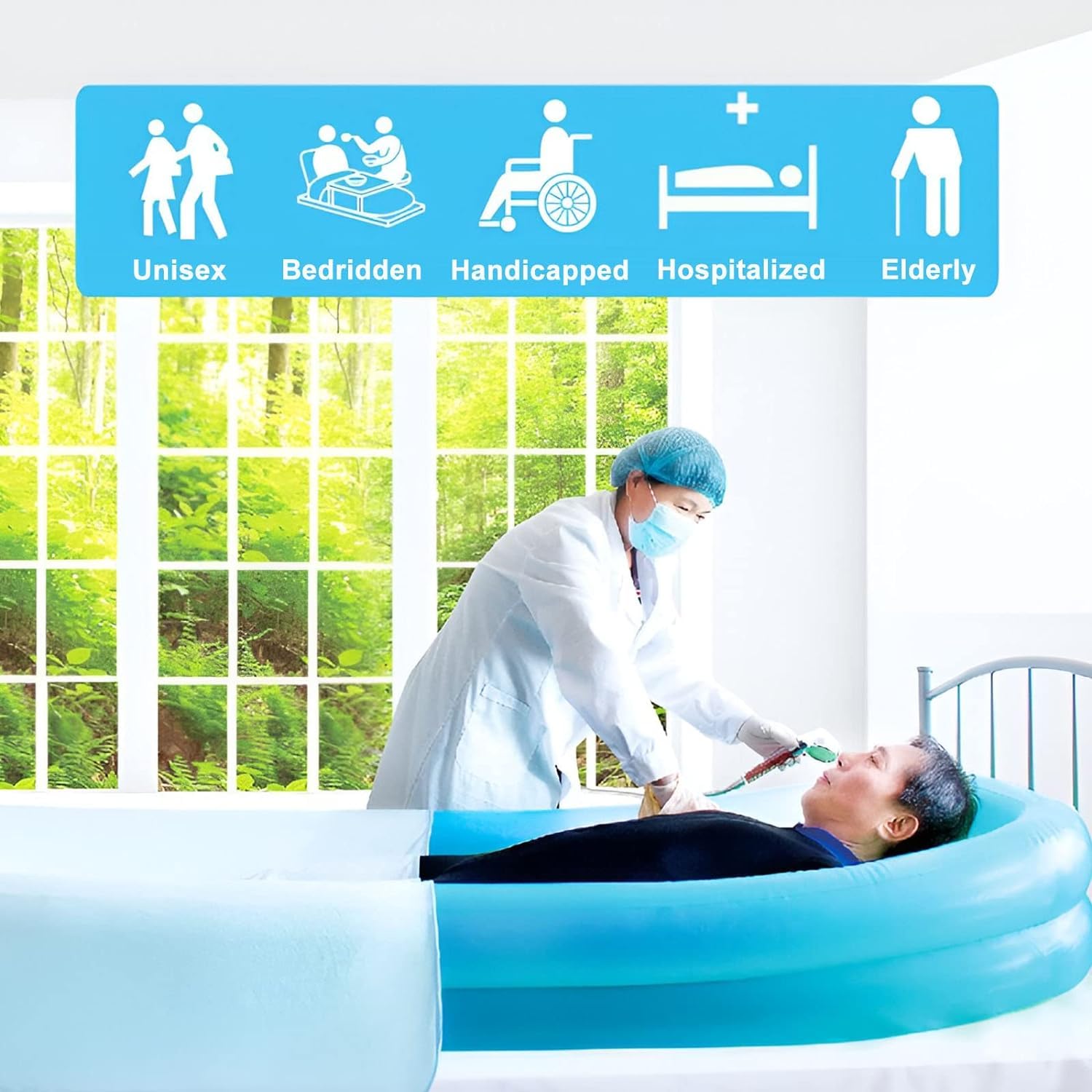 Tragbare Aufblasbare Nachttisch Badewanne, PVC Inflatable Bathtub Faltbare Badewanne Nachttisch Duschsystem mit Wasserbeutel und Überkopf-Dusche für Bettridden Behinderte ältere Menschen