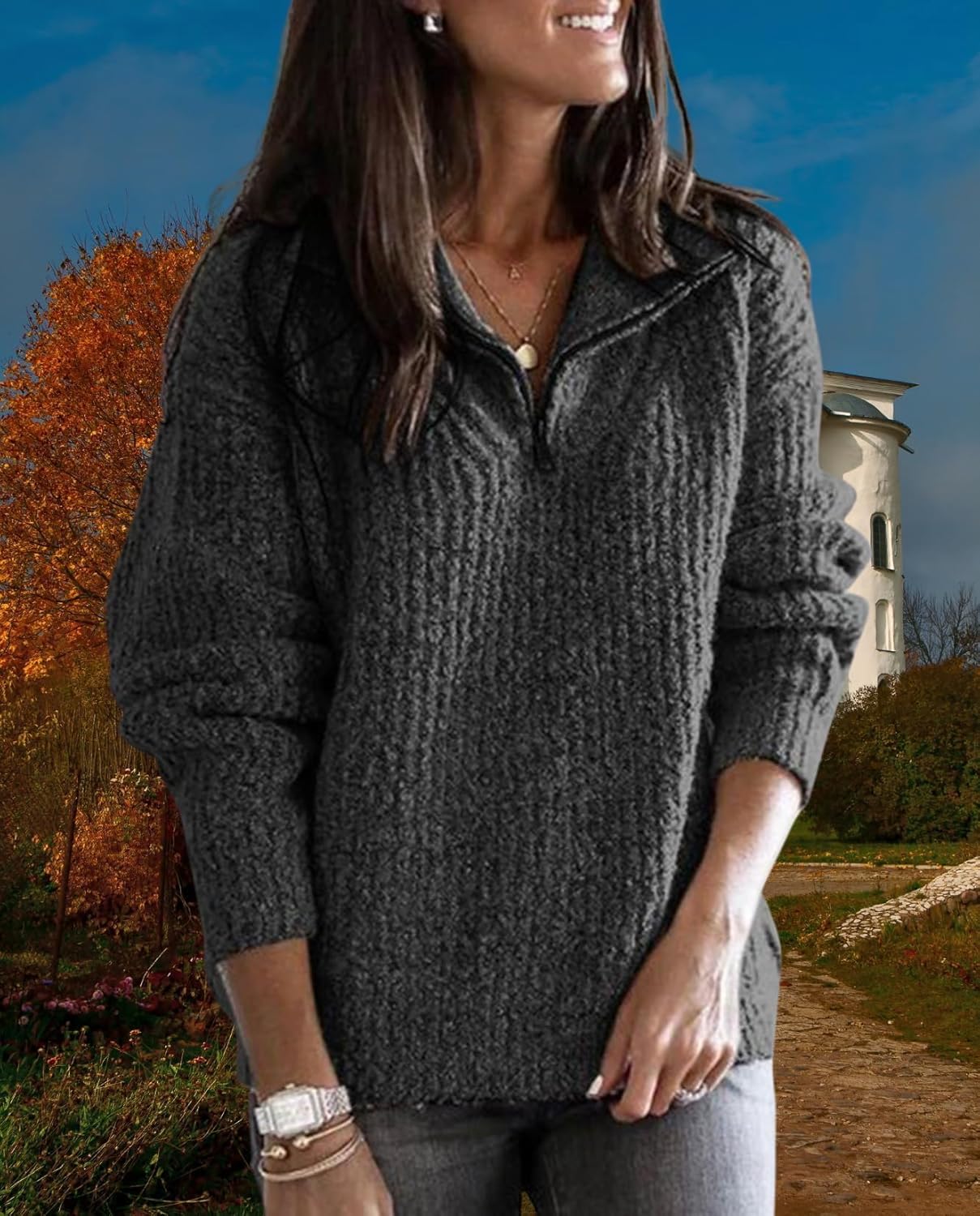 Women's Pullover Sweater - Fall Winter Loose Fit 1/4 Zip Solid Color Casual Top for Vacation Daily Wear - Image 6