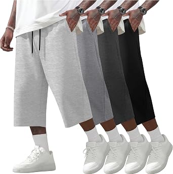 August Alley 4 Pack Mens Capris Big and Tall Below Knee Sweat Shorts Baggy Summer 3/4 Pants Cropped Long Shorts with Pockets