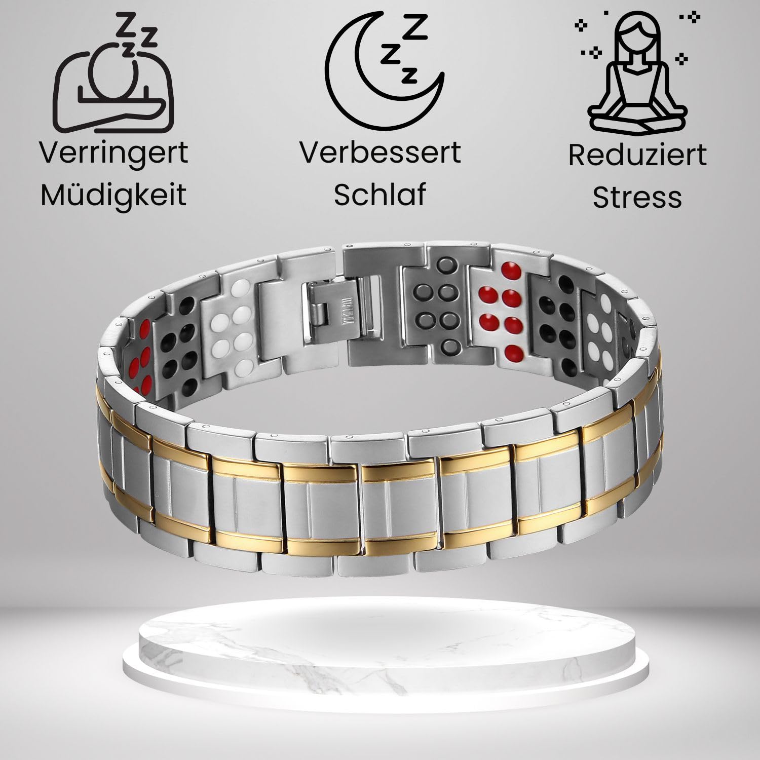 Generisch Doppelreihiges Herren Titanarmband mit Magneten, Klassisches Titan Magnetarmband in Silber und Gold, Gesundheitsarmband für Männer, Hypoallergen, inklusive Geschenkbox