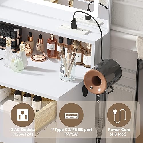 Miniatura 5 de Escritorio de tocador con espejo LED y luces, juego de tocador de maquillaje con silla, toma de corriente, cajones, gabinete, tocador con estantes