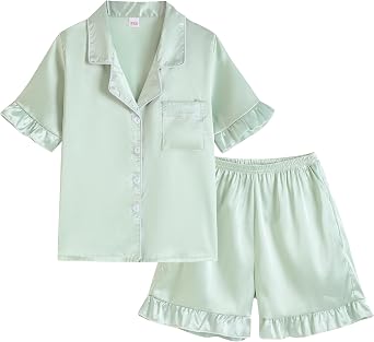 Vopmocld Girls Button Down Satin Pajama Sets 2PCS Ruffle Short Sleeve Top with Shorts Sleepwear Summer Outfit for Teens