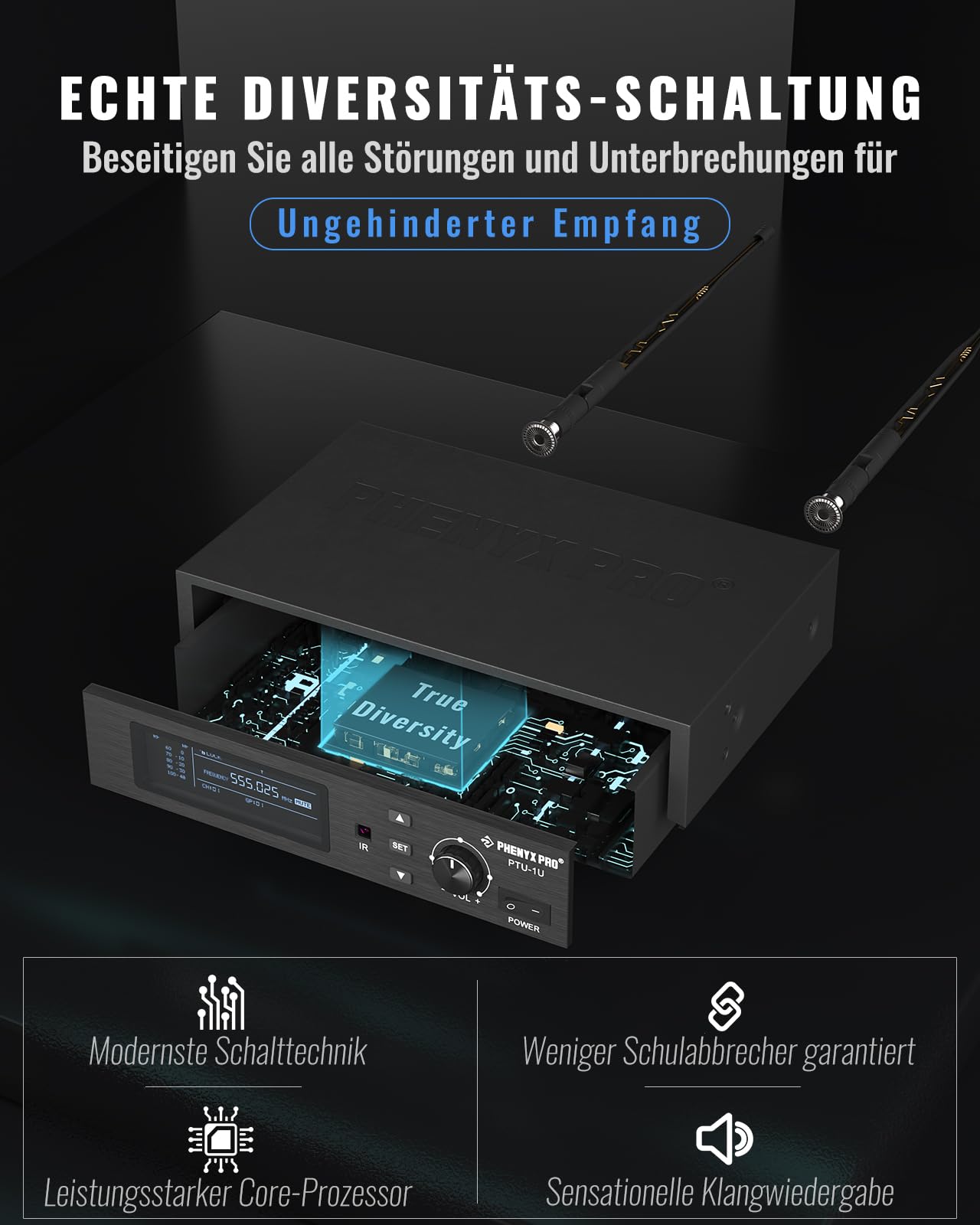 Phenyx Pro UHF True Diversity Funkmikrofon-System PTU-1U-1H | Auto-Scan, 1000 einstellbare Kanäle, 328 ft Reichweite, IR-Sync, Dynamisches Handmikro, Gesang, Bühnengesang, Studioaufnahme