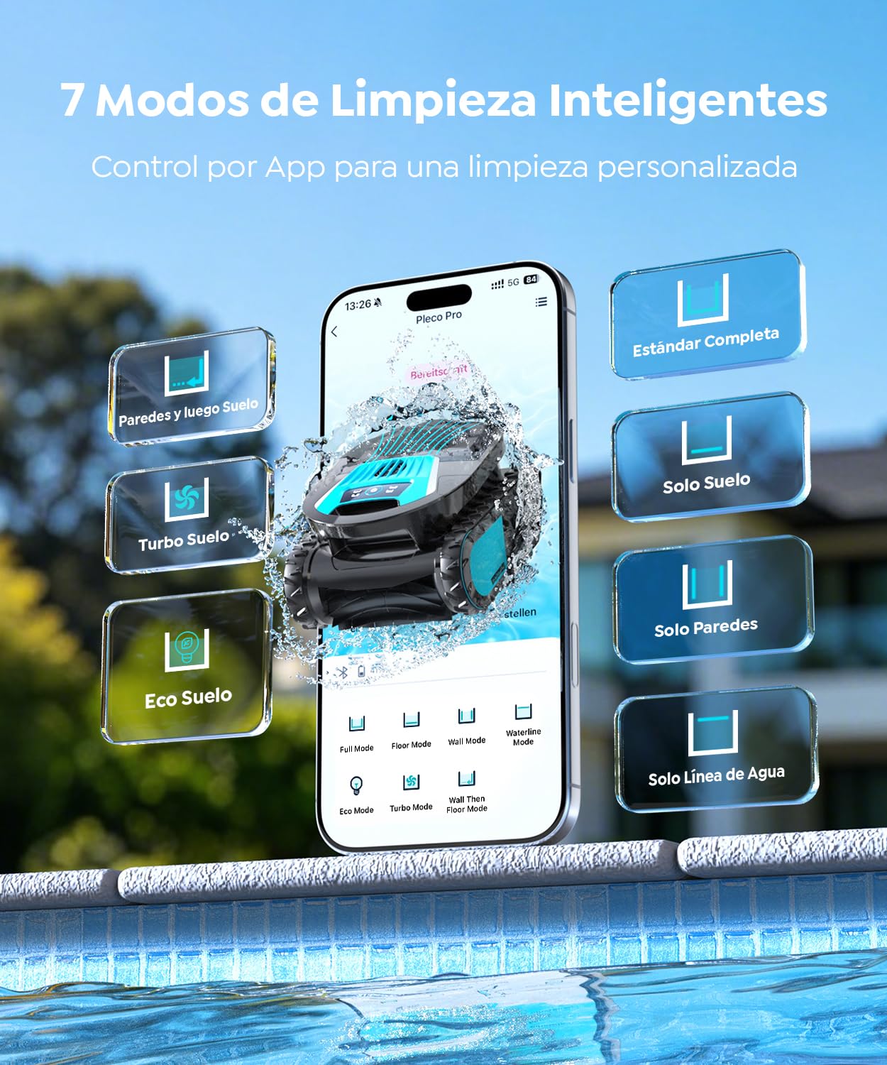 Pleco Pro Robot Limpiafondos Piscina, Autonomía 210 Min, Doble Filtro, 7 Modos, Control App, Limpiafondos Piscina Automático, 200 m²,Titanium